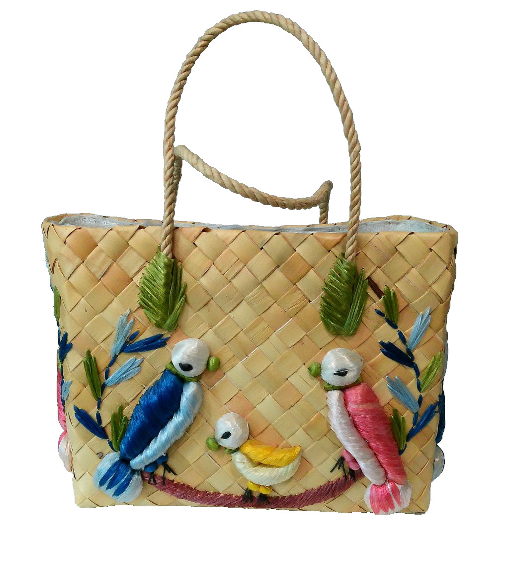 Straw Bird Tote Shopper Bag Woven 2 Handle Straw Lined Lightweight 3D Embrodery