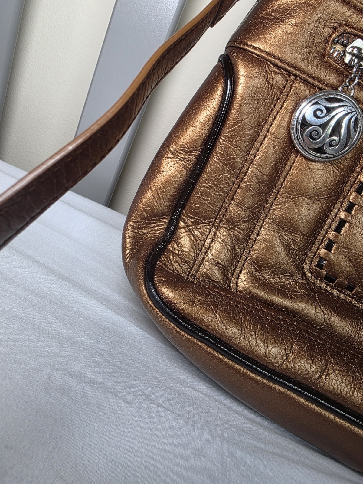 Brighton Vintage Metallic Bronze Leather Convertible Crossbody W/ Whipstich Bag