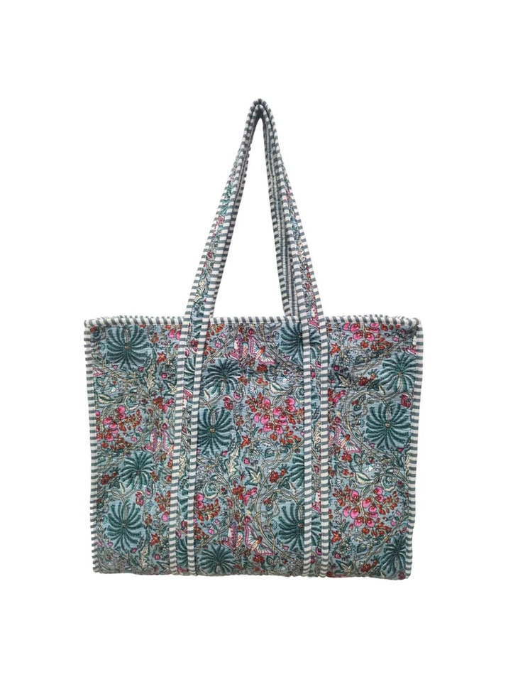 Indian Cotton Quilted Tote Bag Pink and Blue Print Handmade Shoulder Bag