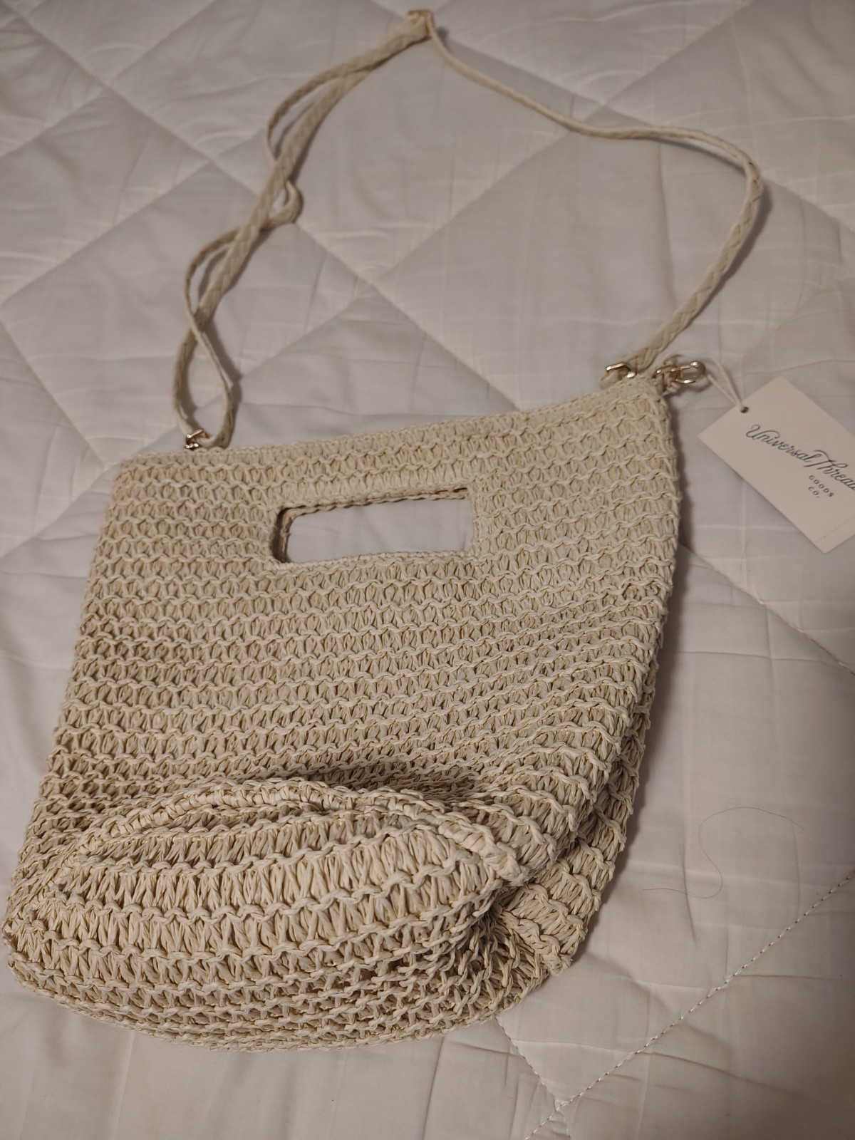 Universal Thread Crochet Straw Shoulder Bag Cutout Handle Gold, Detachable Strap