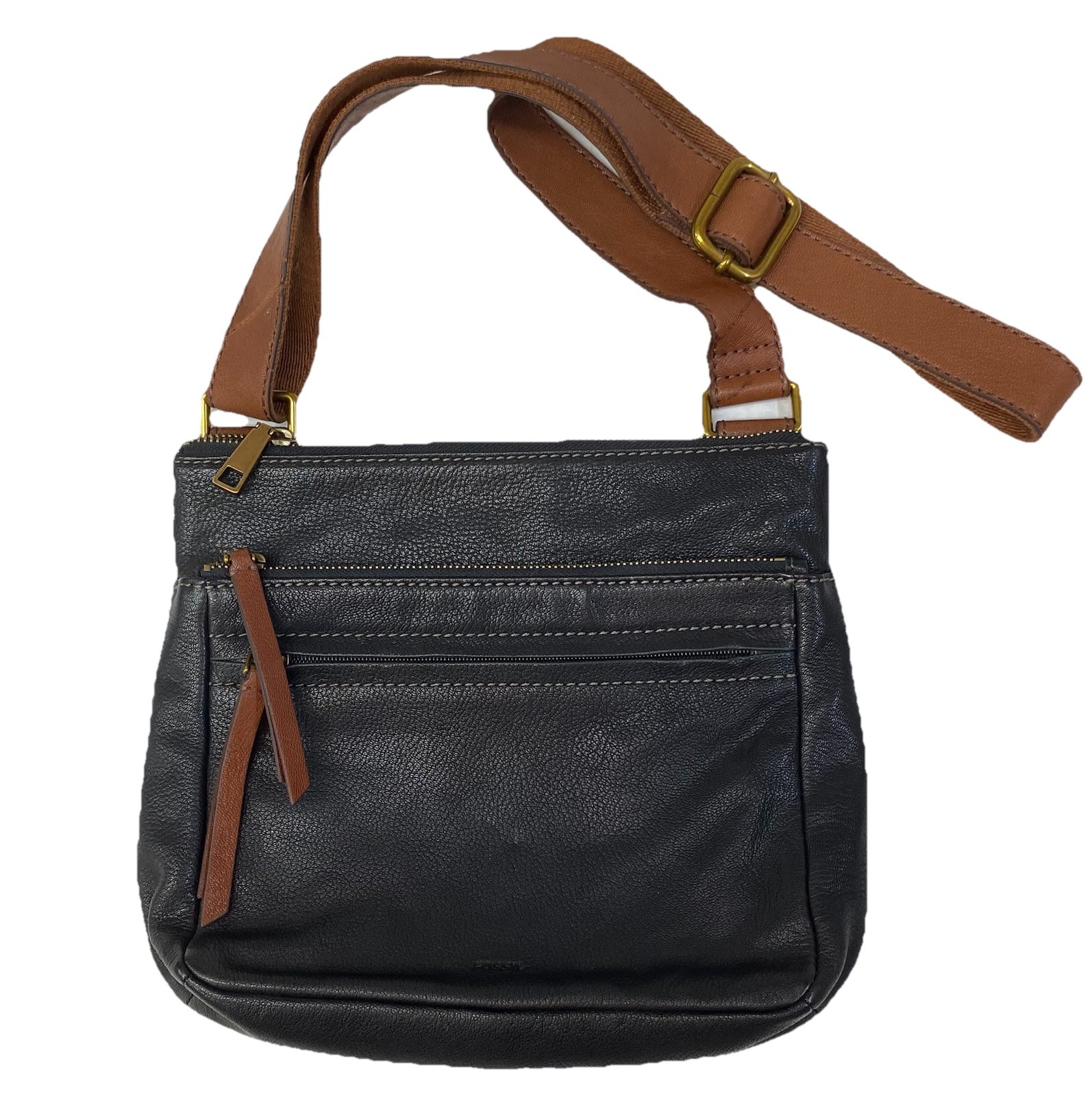 Fossil Corey Crossbody Bag Black Leather Brown Adj Strap Triple Zip