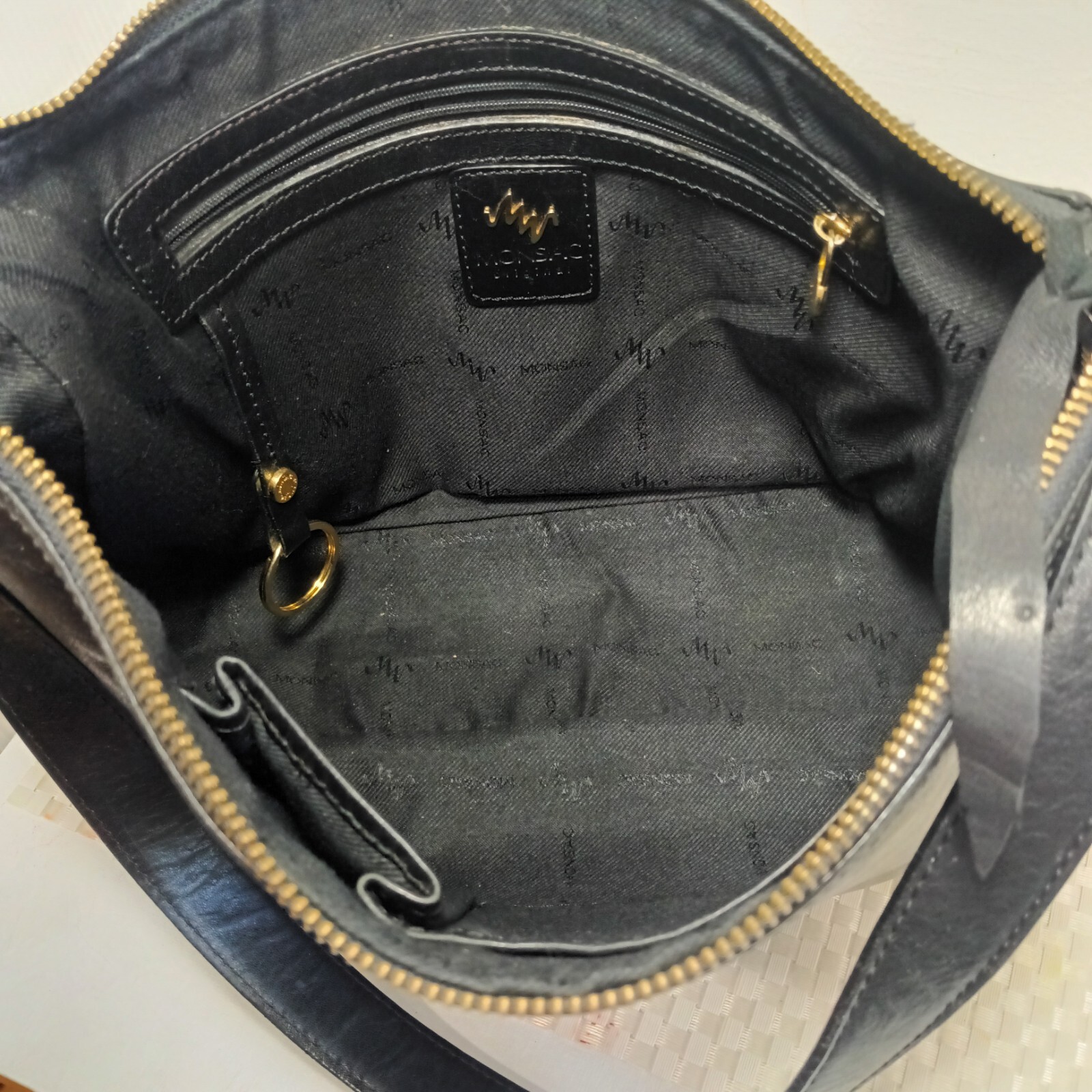 Authentic Vintage Monsac Shiny Black Soft Leather Shoulder Bag Zipper Closure