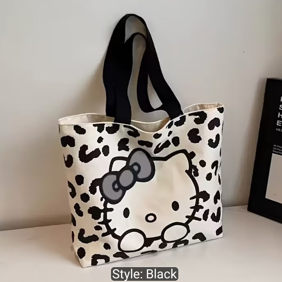 Hello Kitty Leopard Animal Print Tote Bag White/Black Lightweight Open Top