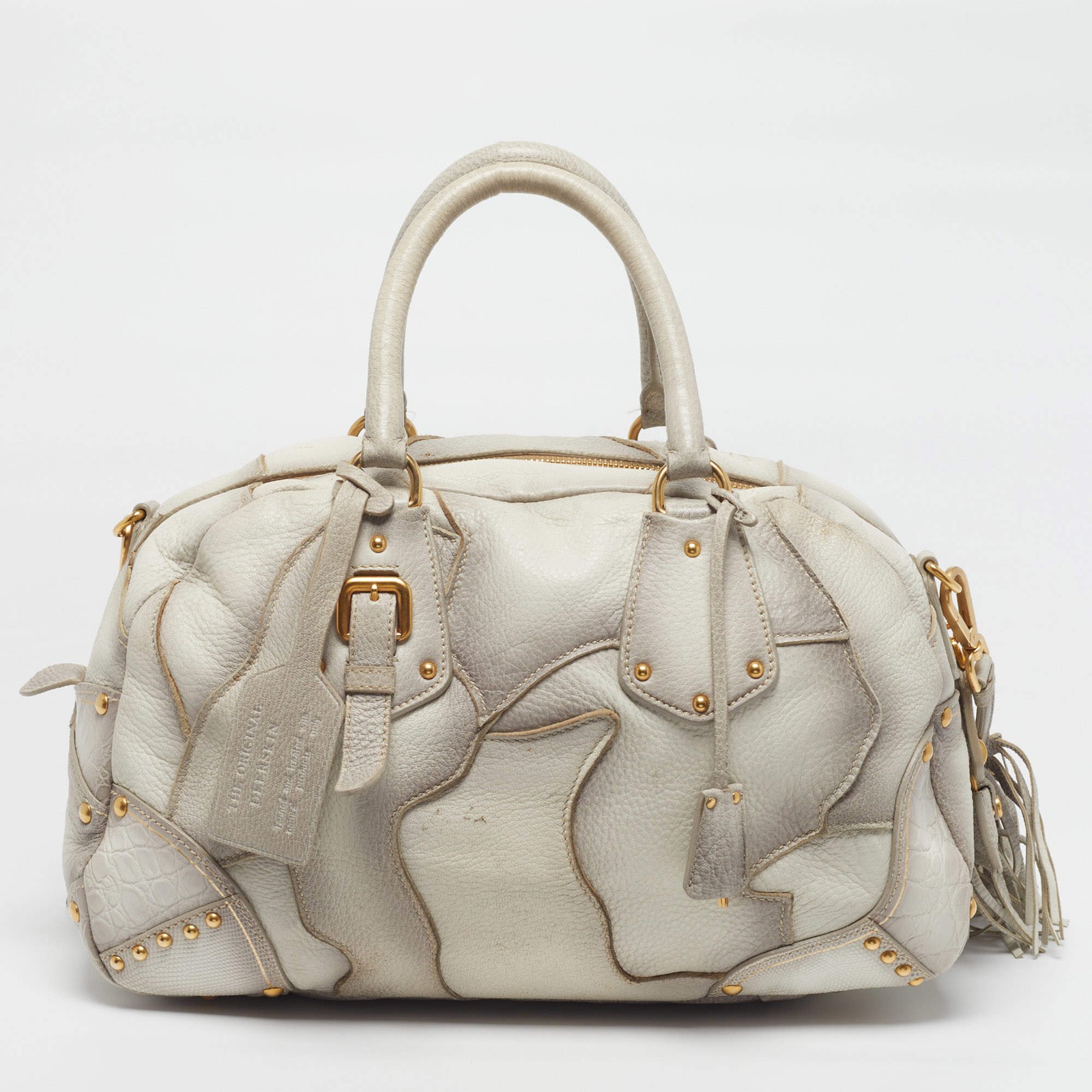 Prada White Ombre Deerskin Leather Croc and Lizard Patchwork Bowler Bag