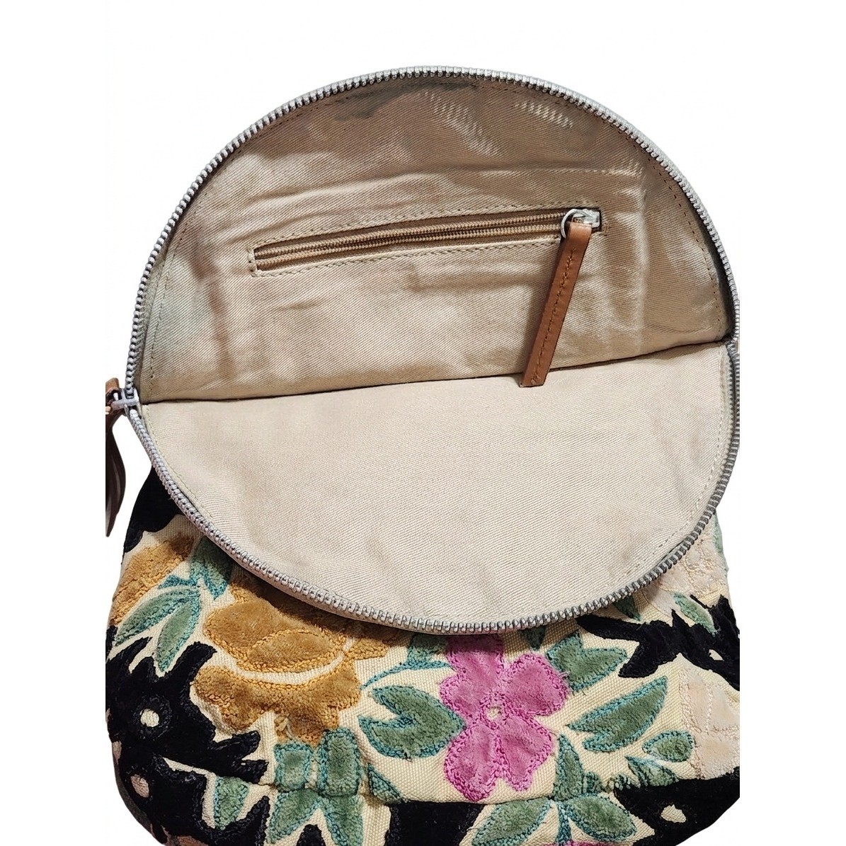 Miss Albright Anthropologie Floral Embroidered Velvet Crossbody Bag Tan Leather