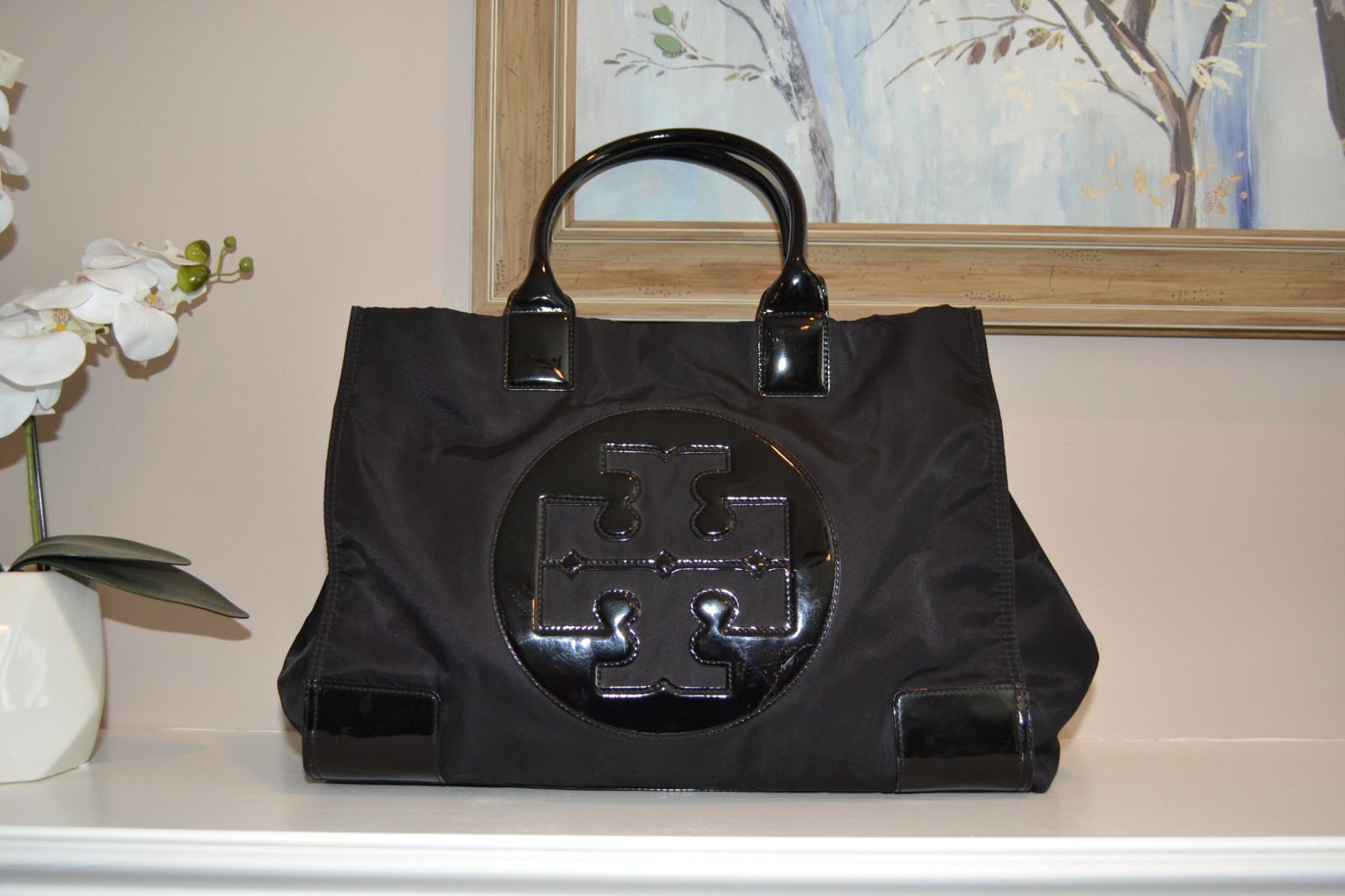 Tory Burch X2108 Black Patent Leather Nylon X-Large Tote Size 23/17x13x5 in