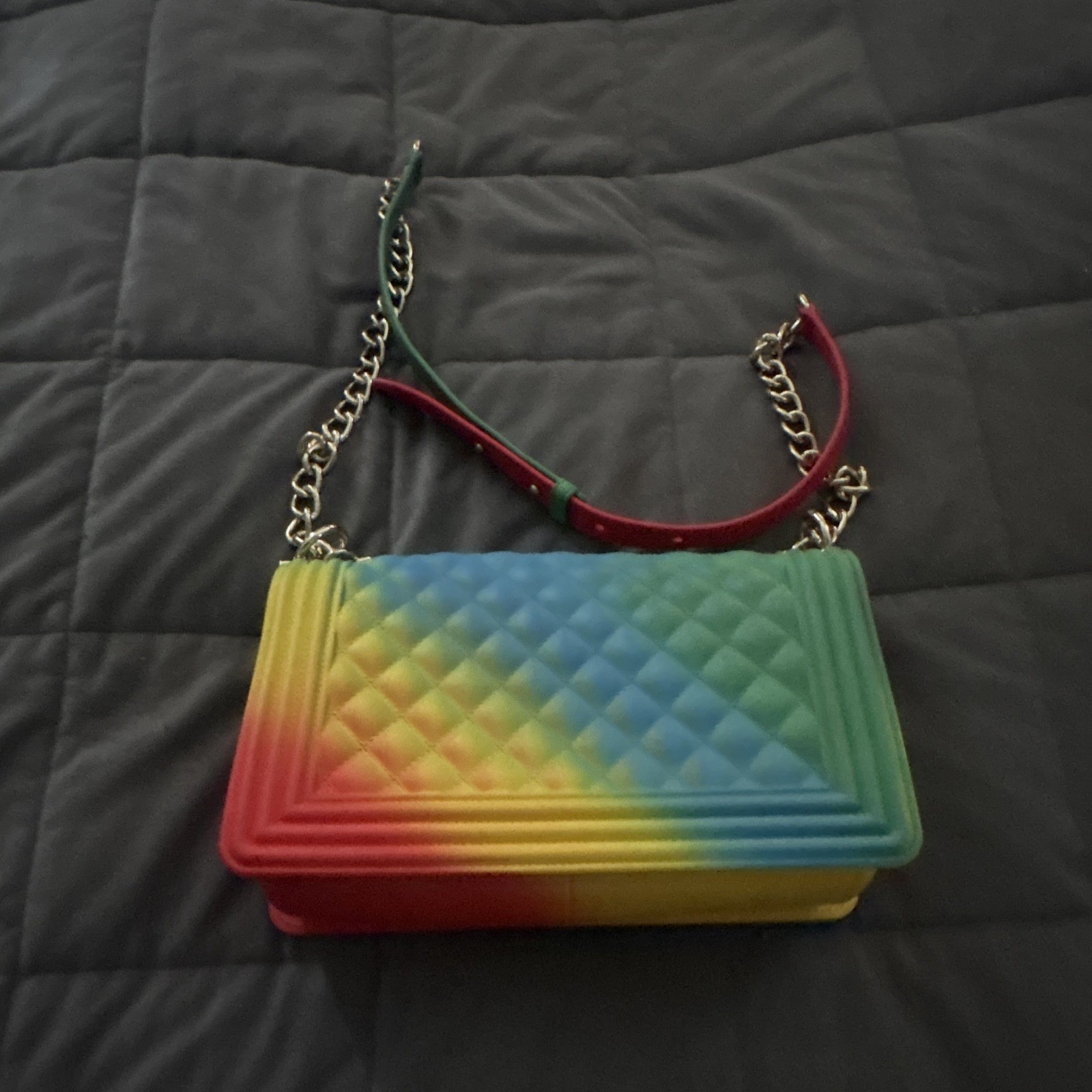 Rainbow Multicolor Quilted Shoulder Bag w/ Chain Strap Turn Lock & Coin Purse