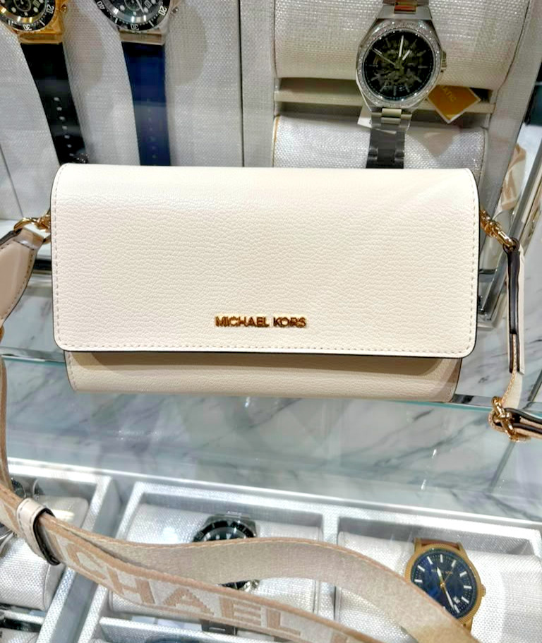 Michael Kors Women Large Jet Set Leather Zip Crossbody Purse Bag Light Cream