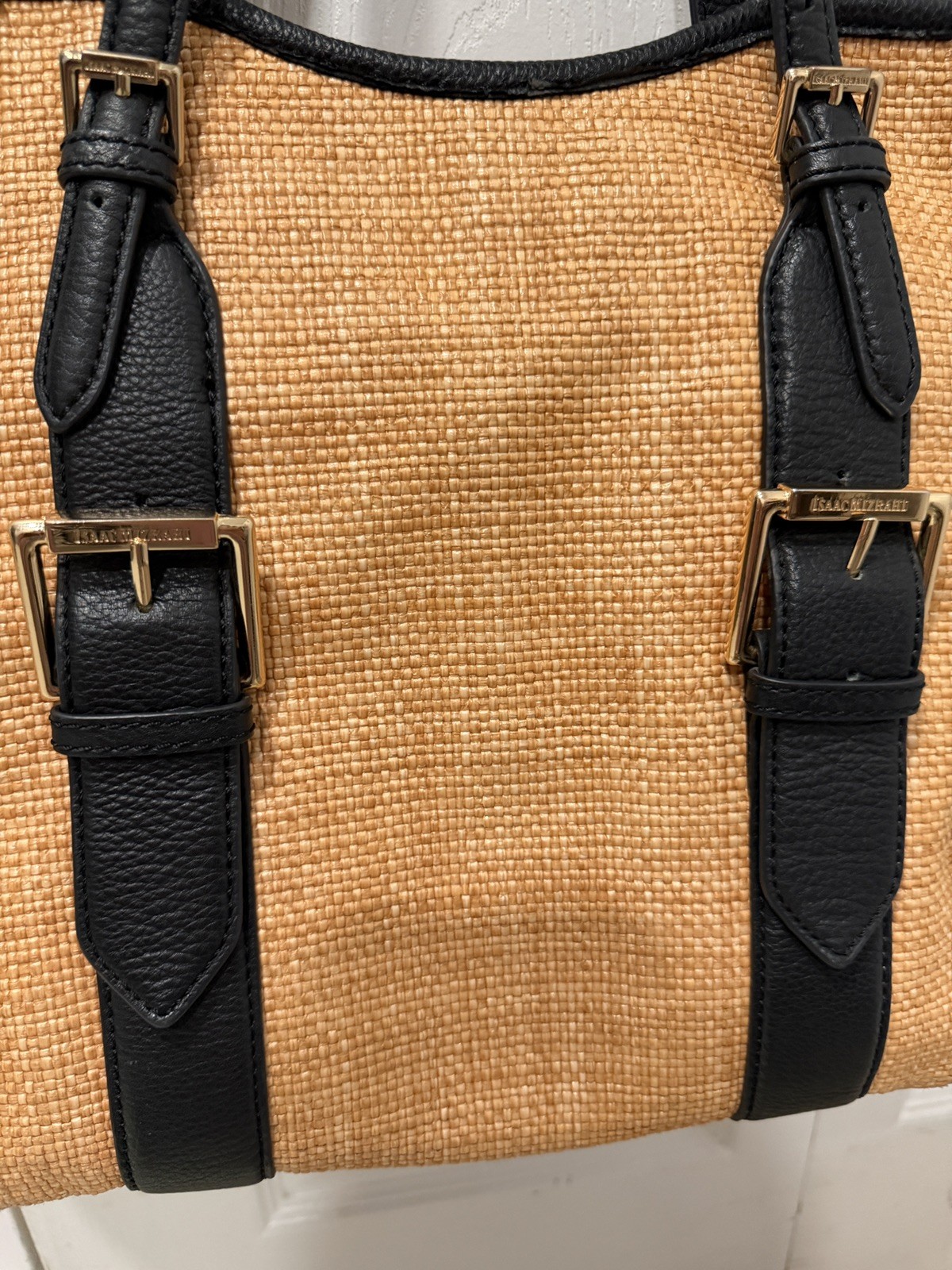 Isaac mizrahi Lucille straw/leather belted tote Black