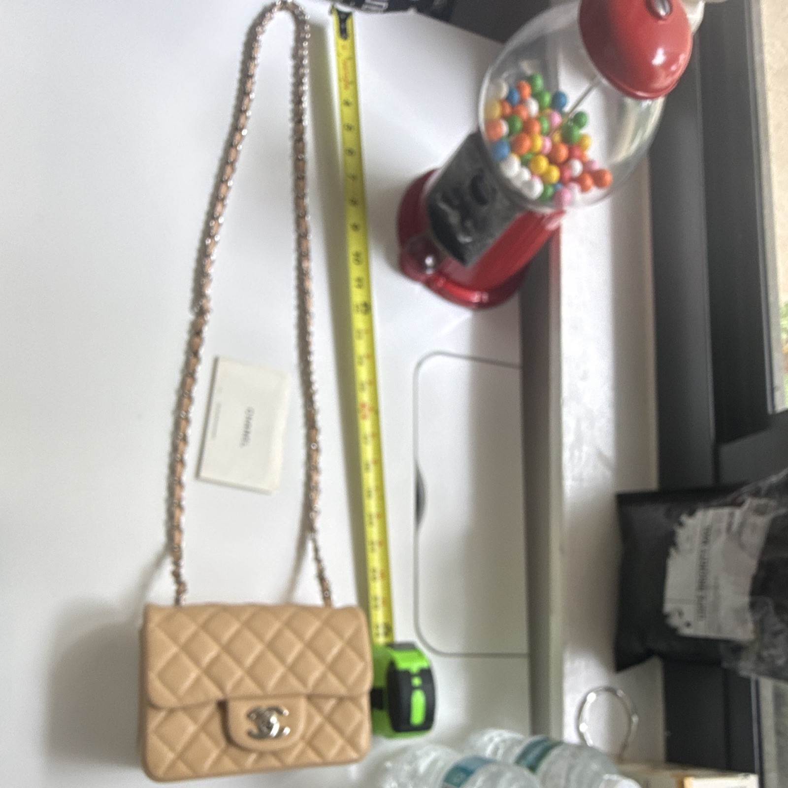 Beige Mini Quilted Flap Turn Lock Silver HW Chain Crossbody Card