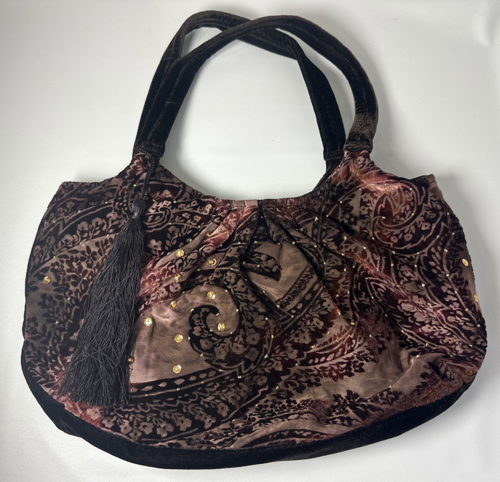 Brown Velvet Boho Purse w/Bronze Sequin Detail 16×9″ Snap Closure Retro