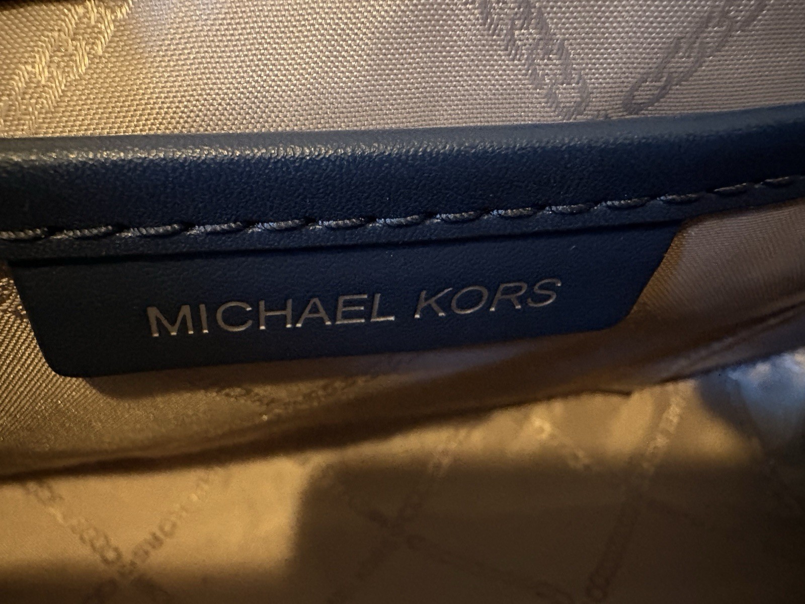 Michael Kors Navy Blue Crossbody Bag Push Lock, Silver Hardware, Chain, Lined