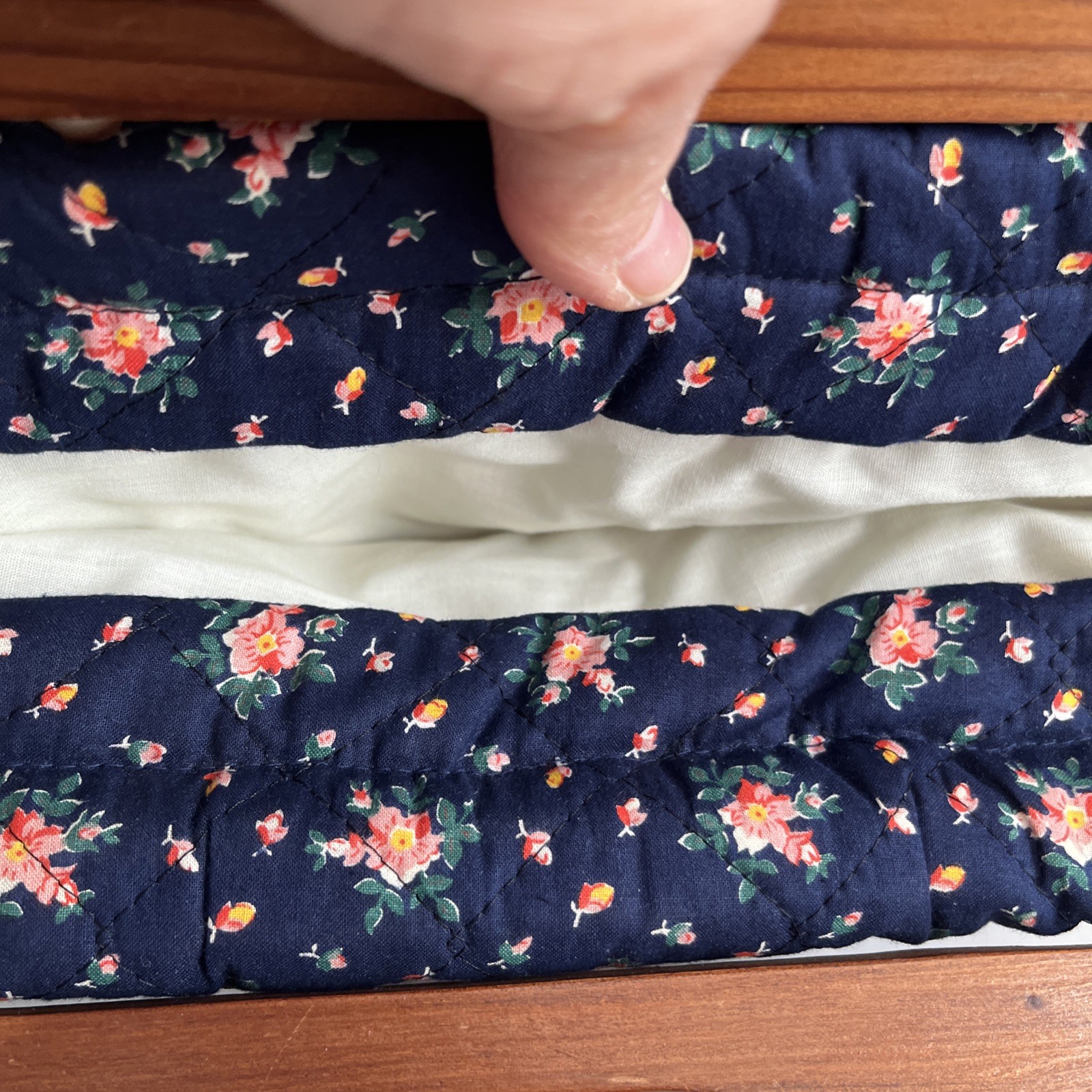 Vintage Preppy Handbag Wooden Frame Handle Dark Blue Floral Quilted Bag 15” EUC