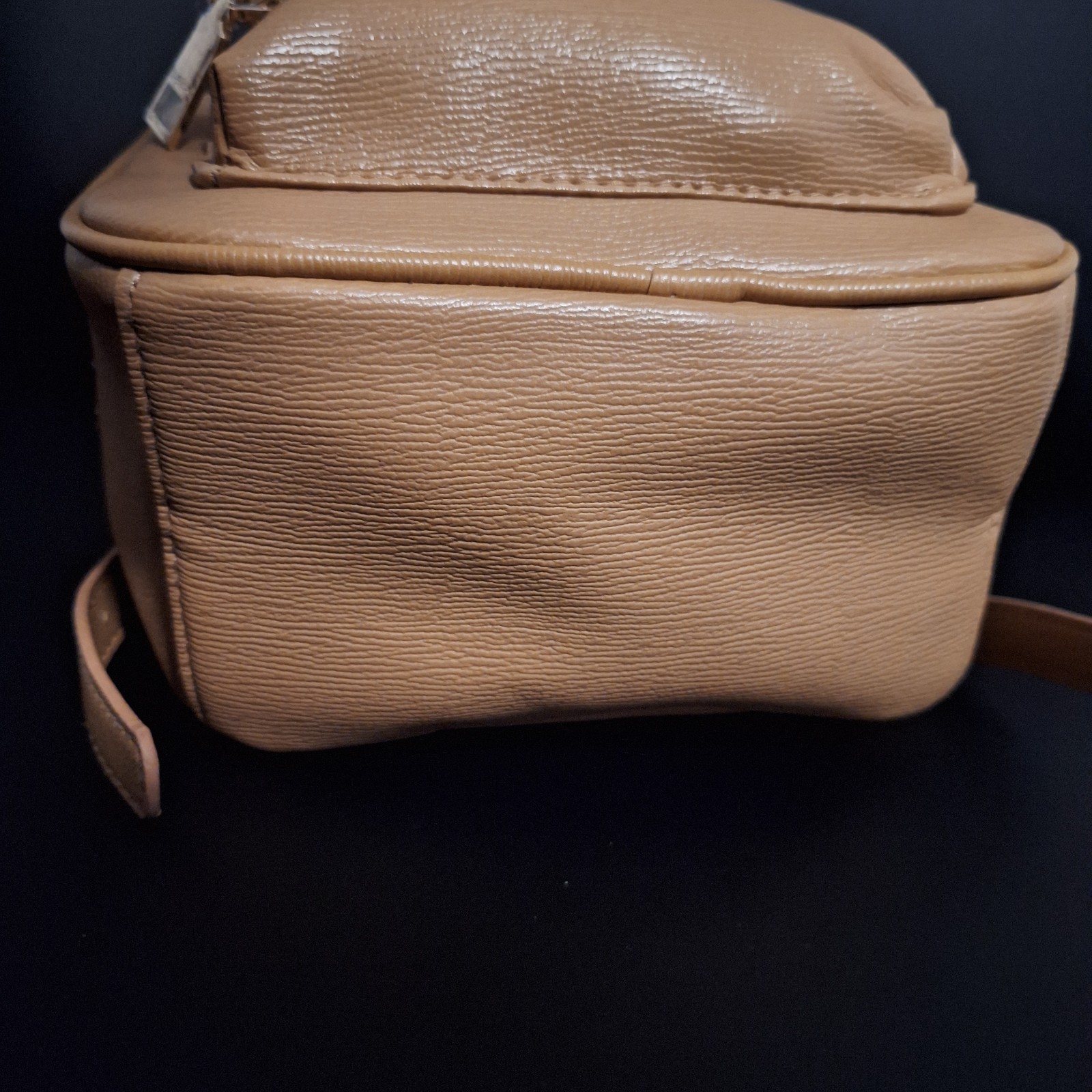 Bebe Logo Mini Backpack Tan Faux Leather Gold Chain Zip Front Pocket Women