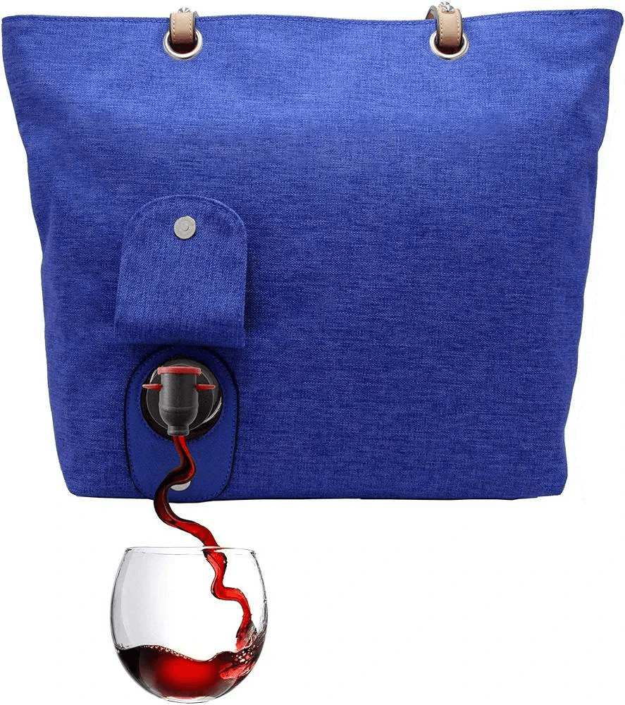 NWT Portovino City Tote Bag Blue Canvas Wine Purse With Hidden Insulated Compart
