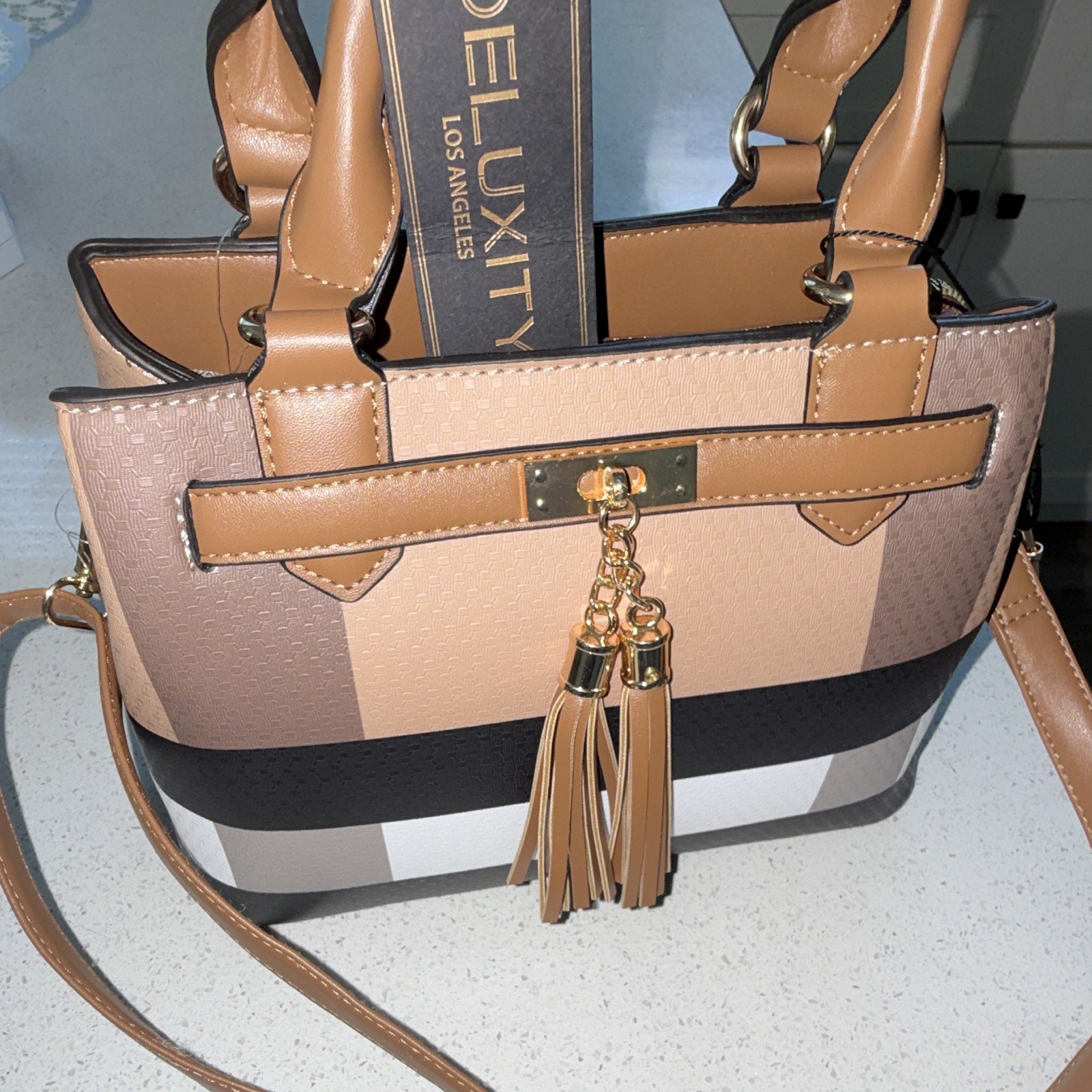 Deluxity Colorblock Top Handle Satchel Zip Bag Tassel & Pouch 2pc Set