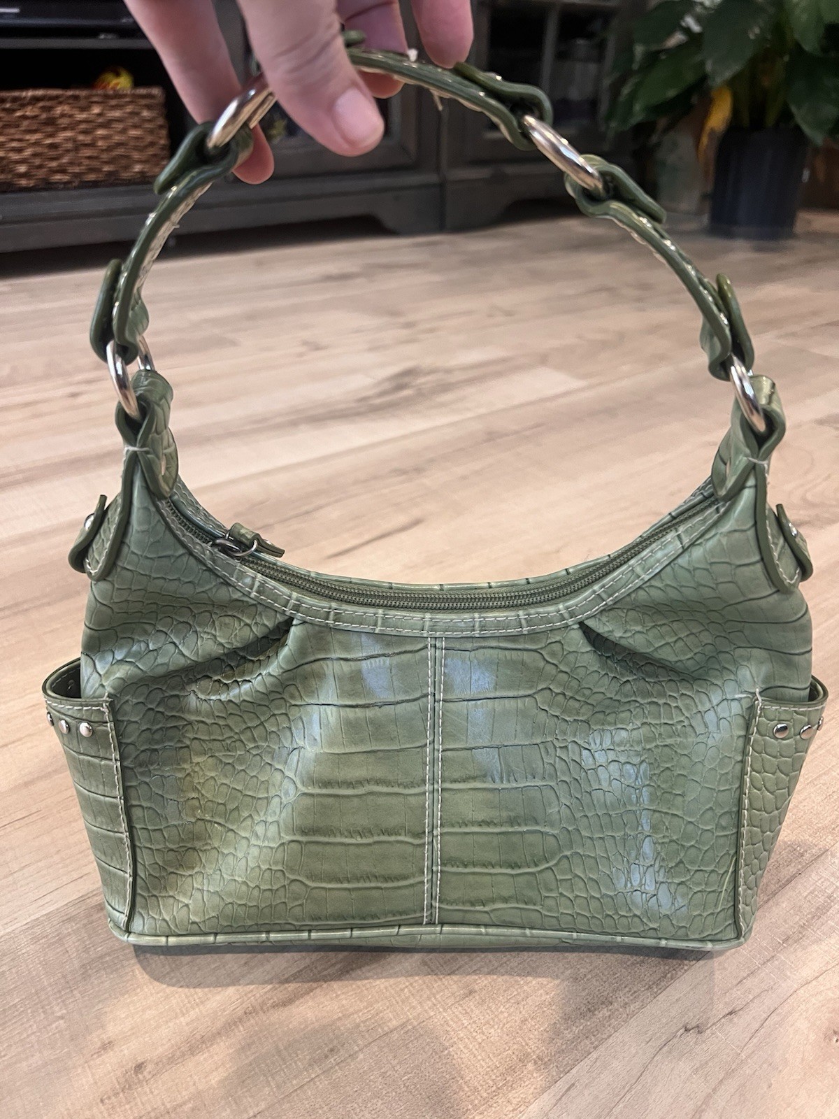 Bisou Bisou Michele Bohbot Green Croc Embossed Faux Leather Shoulder Bag Y2K