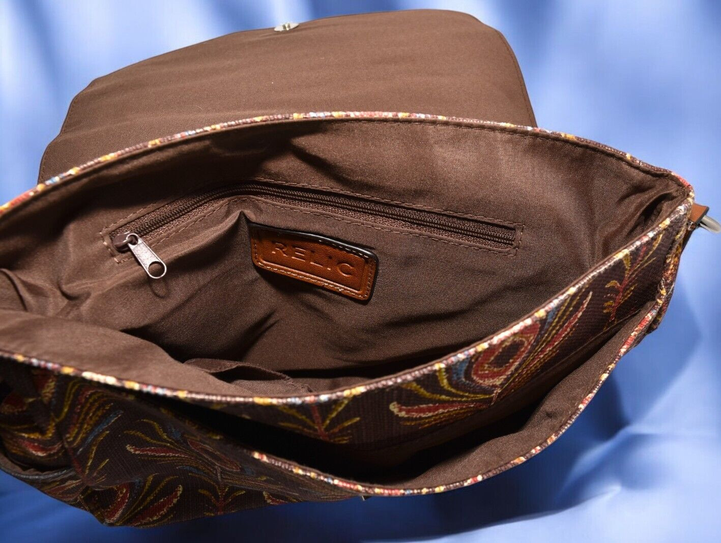 Relic Brown Canvas/Faux Leather CrossBody/Shoulder Purse Peacock Feather Design