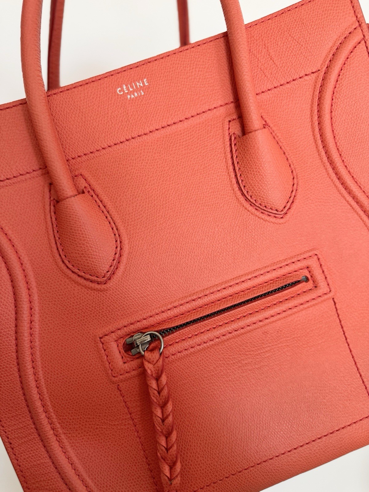 100% AUTHENTIC CELINE Luggage Phantom Bag in Coral Orange – Grained Leather