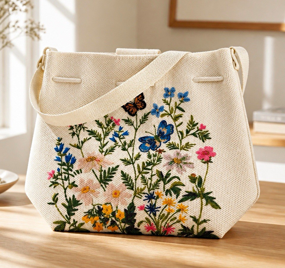 Beige Multicolor Floral Butterfly Drawstring Shoulder Bag Adjustable Strap Women