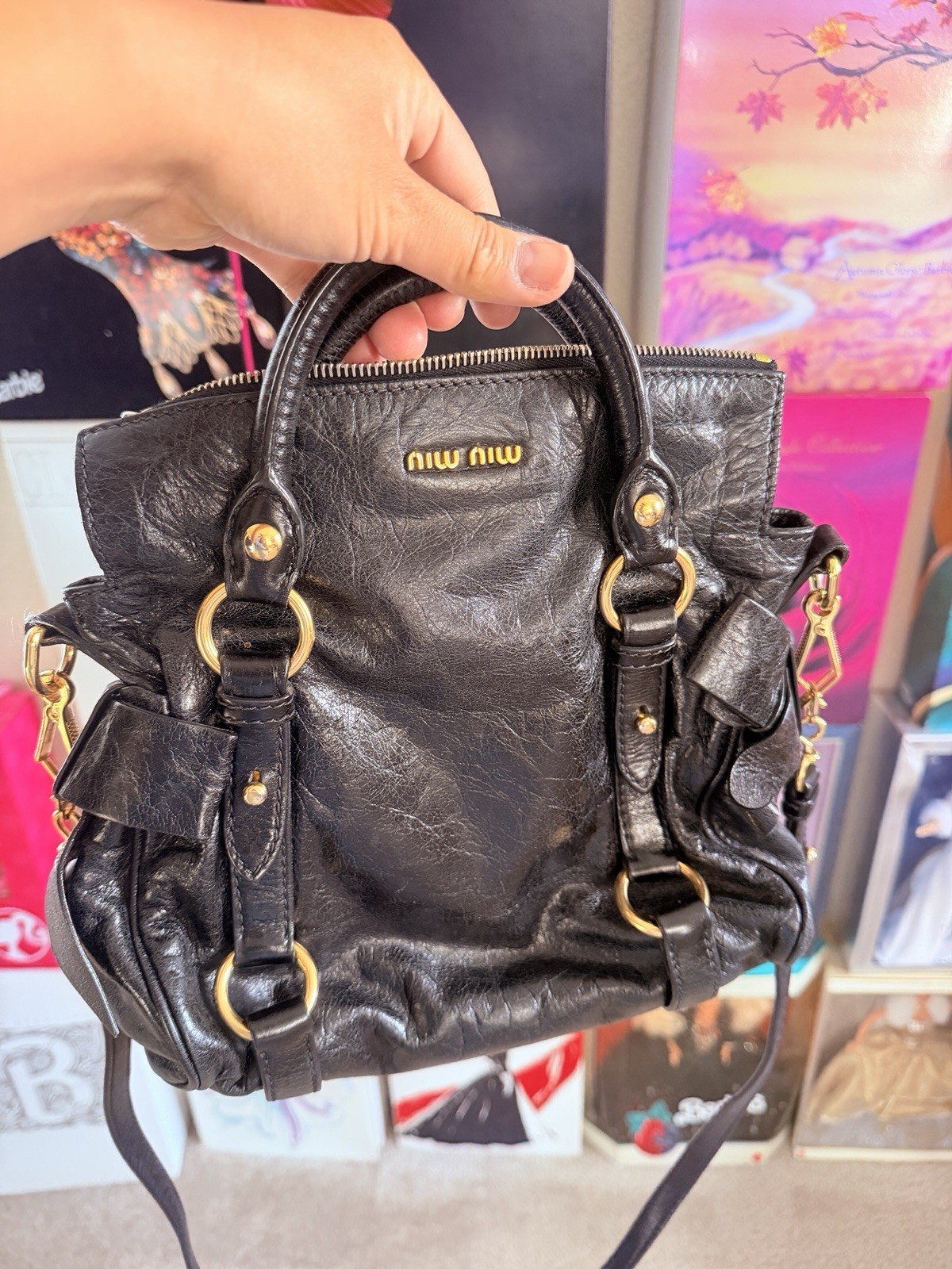 Miu Miu Black Small Satchel Top Handle Gold Hardware Detachable Strap Zip Top