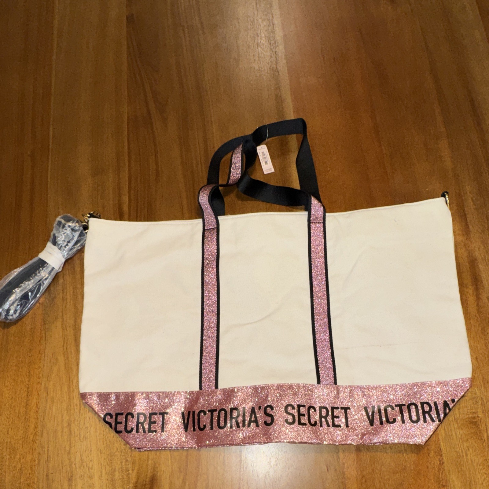 Victoria’s Secret White Tote, Pink Glitter Logo, Zip Top, Detachable Strap