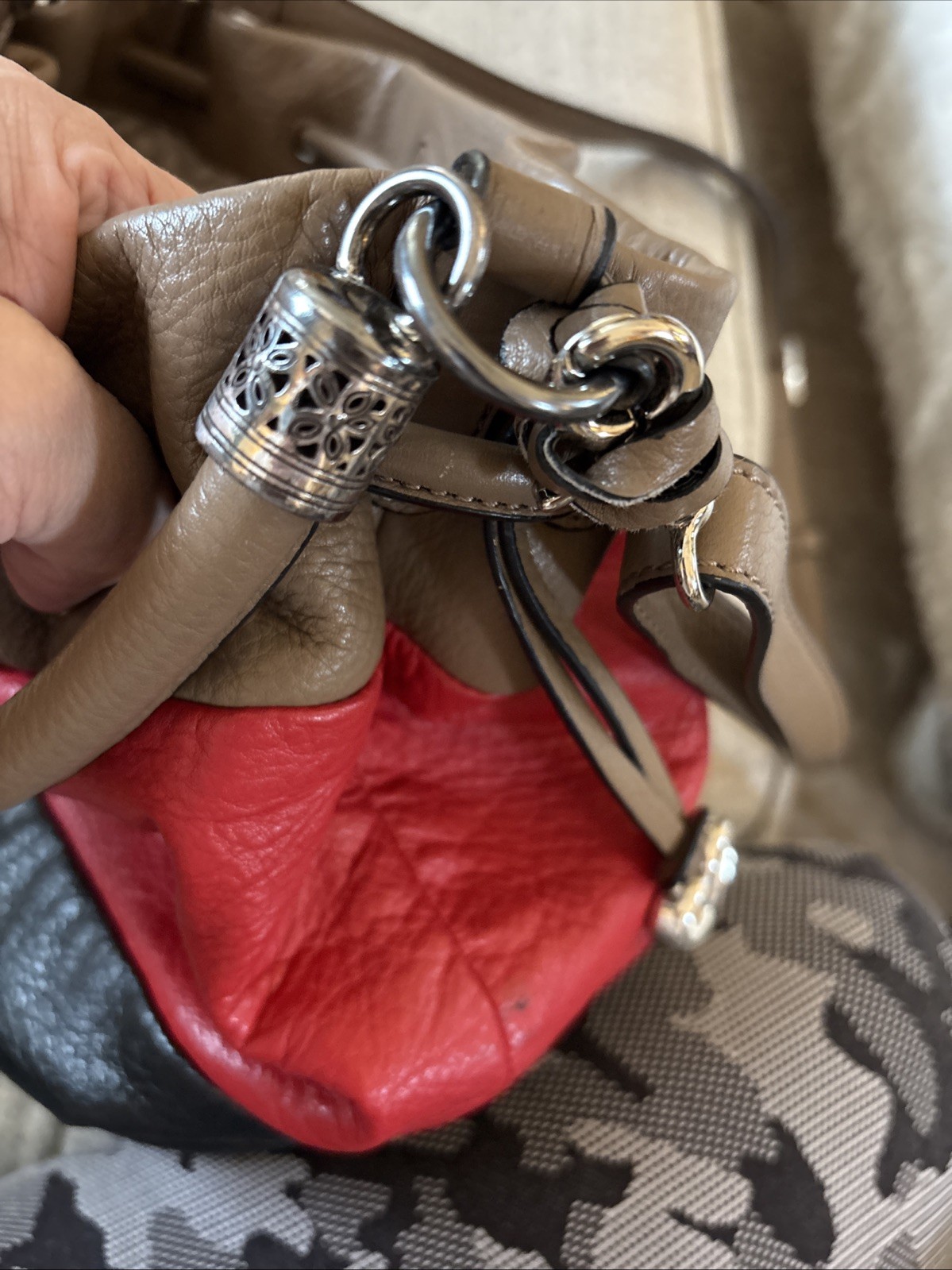 Brighton Brody Hobo Bucket Shoulder Bag Leather Drawstring Red Black Brown