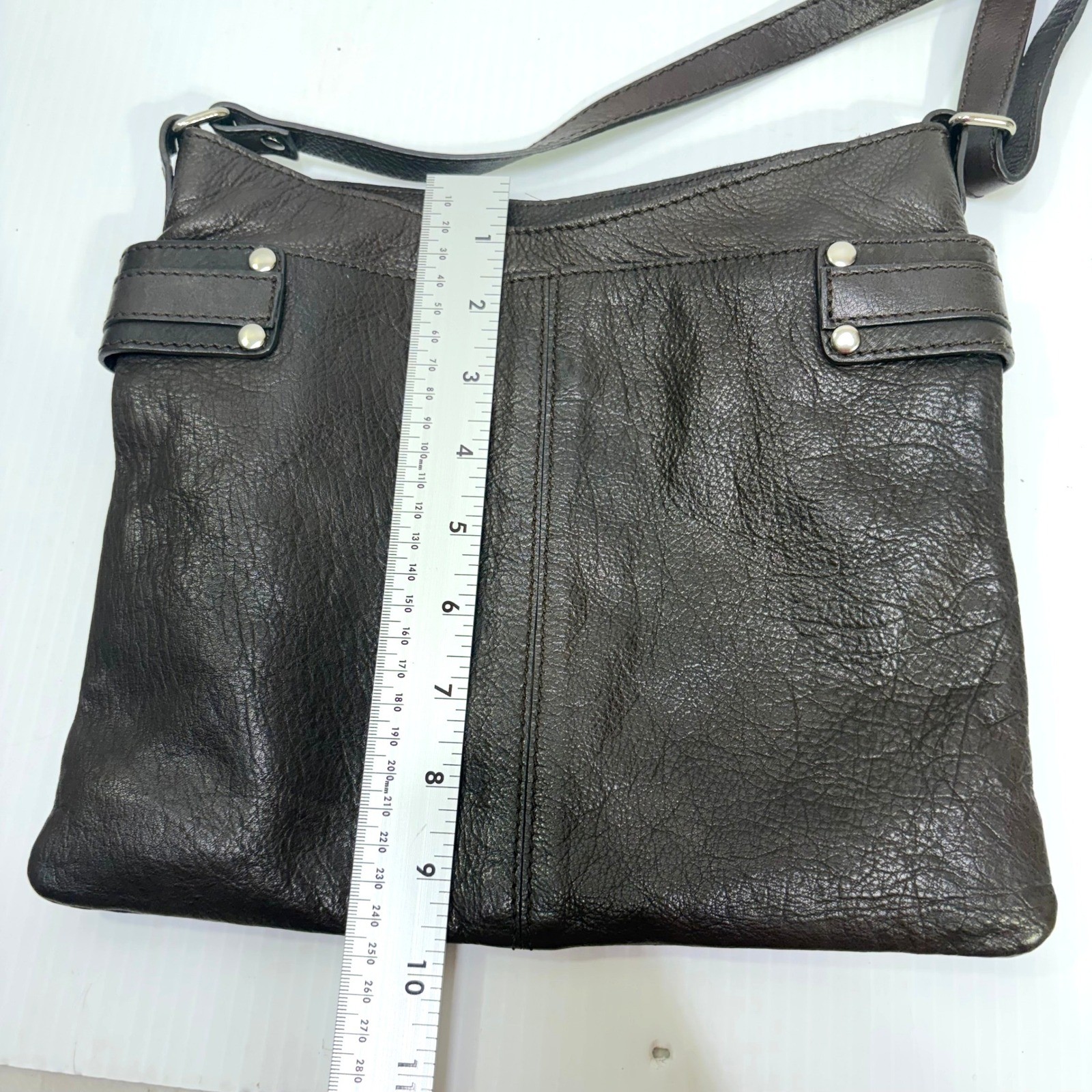5th Avenue Dark Brown Real Leather Crossbody Bag Silver Buckle Detail Messenger
