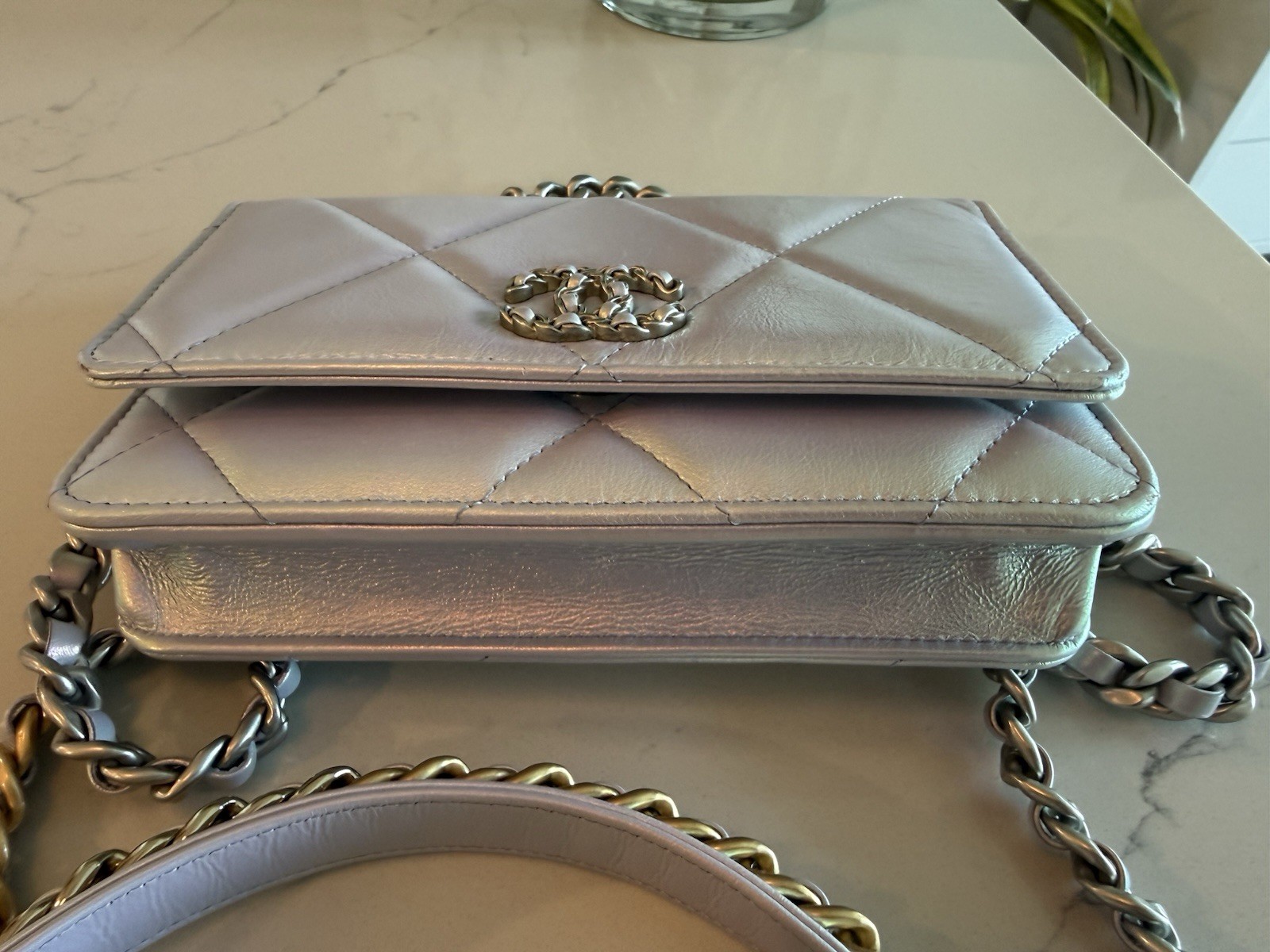 CHANEL Purple Metallic Quilted Flap Bag CC Logo Chain Strap Crossbody