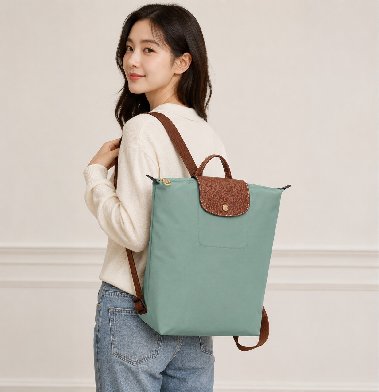 Longchamp Le Pliage Green Backpack Zip Snap Gold Hardware Brown Straps