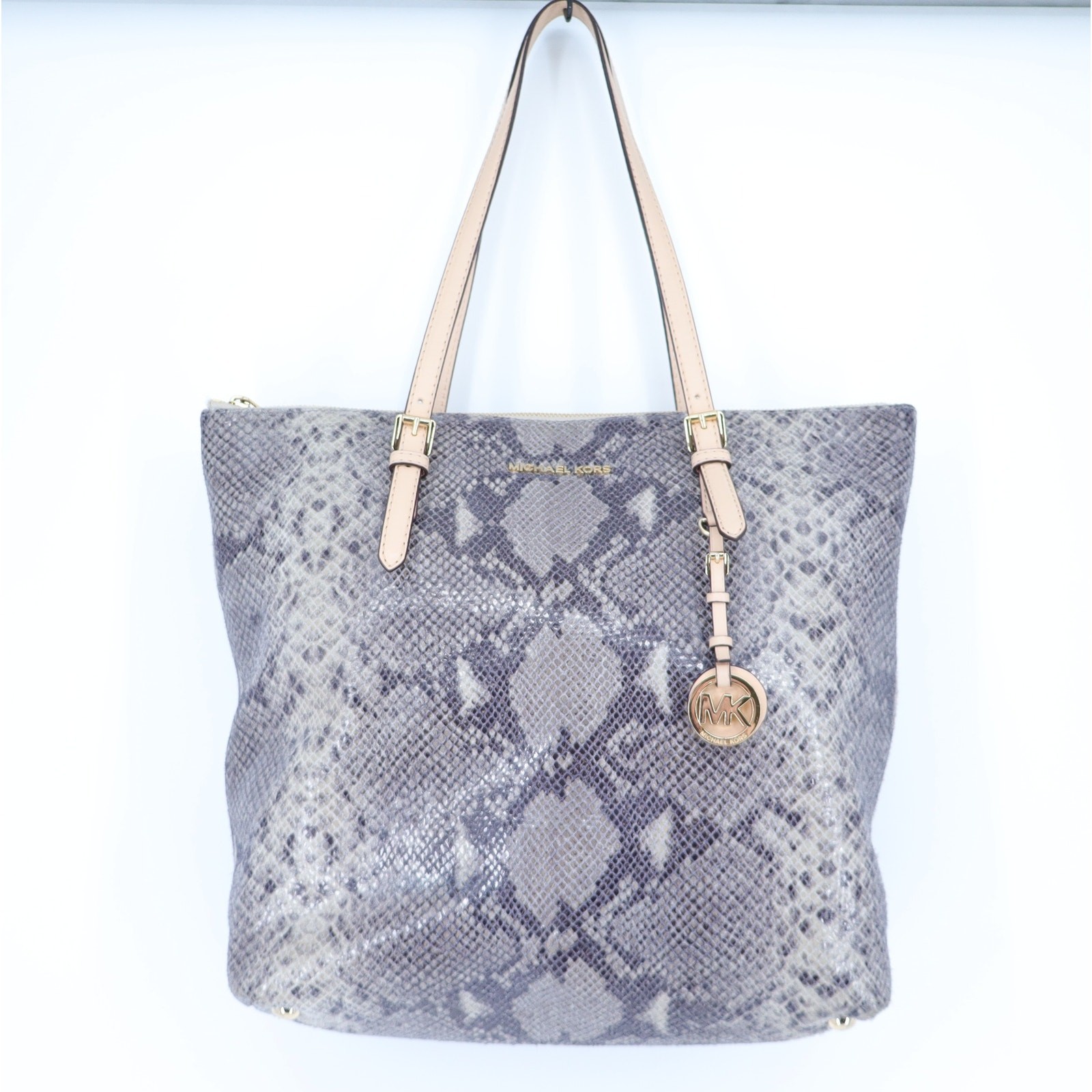 MICHAEL KORS Snakeskin Embossed Leather Tote Bag Gray Beige Zip Top