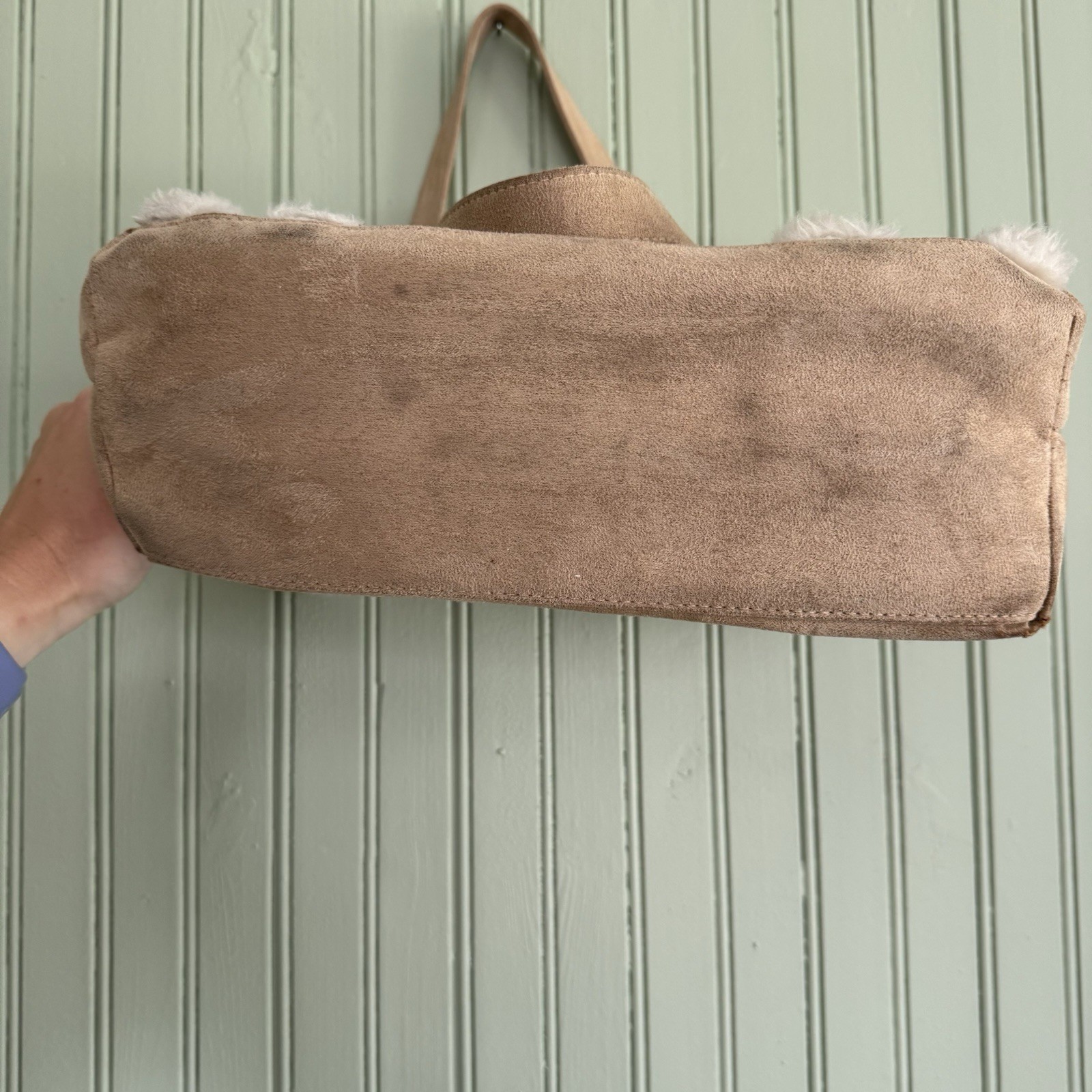Y2K Shoulder Bag Faux Suede Fur Trim Fairy Fuzzy Boho Festival 2000s Tan Cream