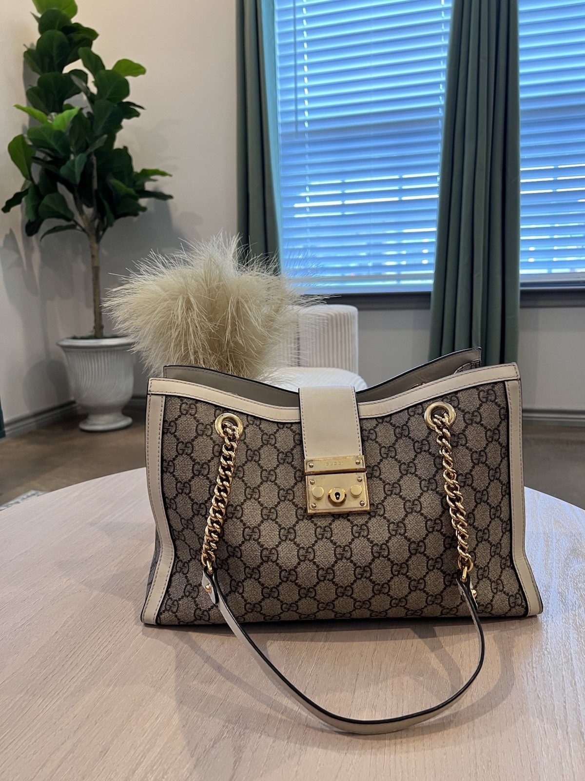 Pre-Loved Padlock Chain Tote GG Coated Canvas with Leather Medium, Neutral