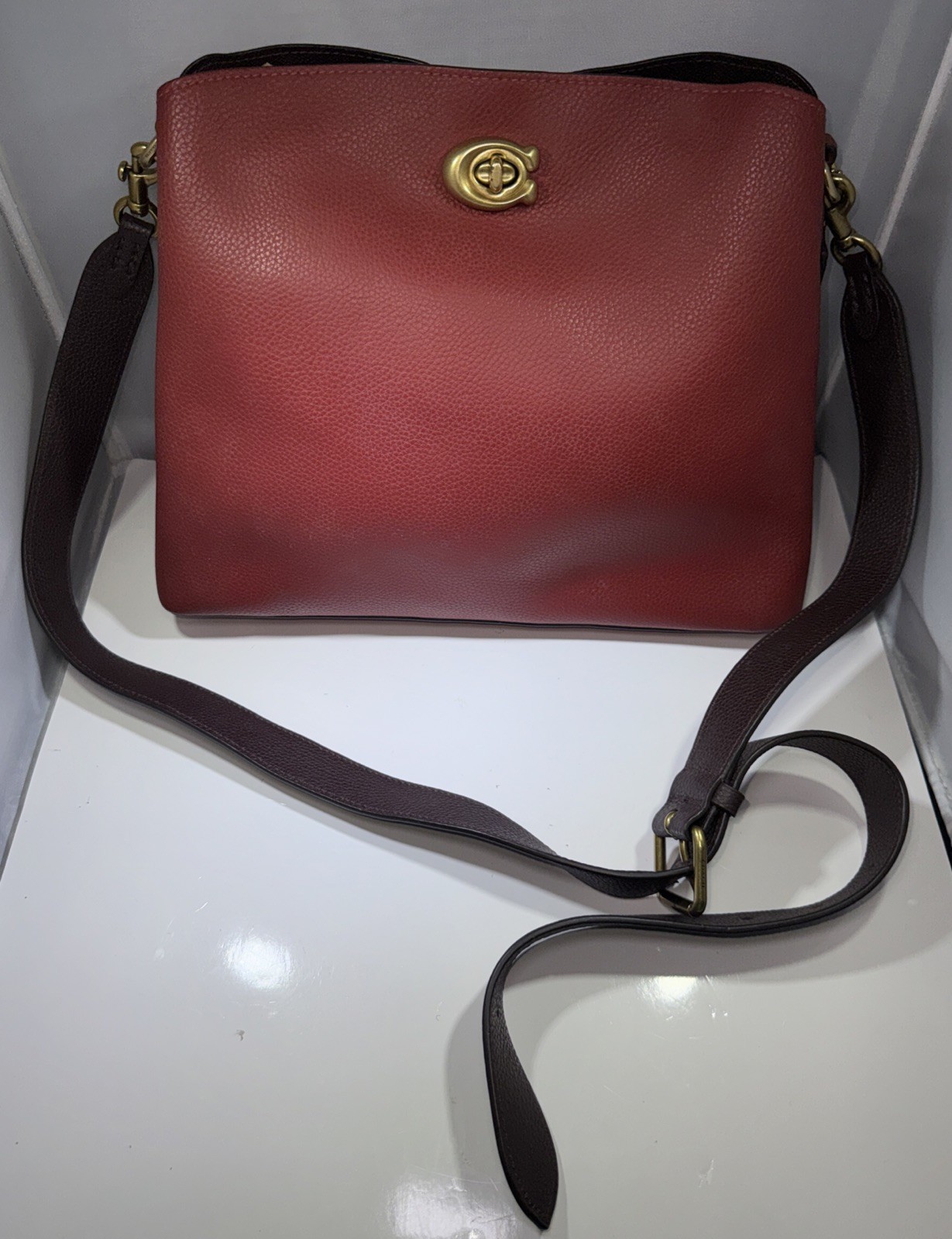 Coach Women’s Willow Brass/ Brick Red Multi Colorblock Shoulder Bag (C2590)