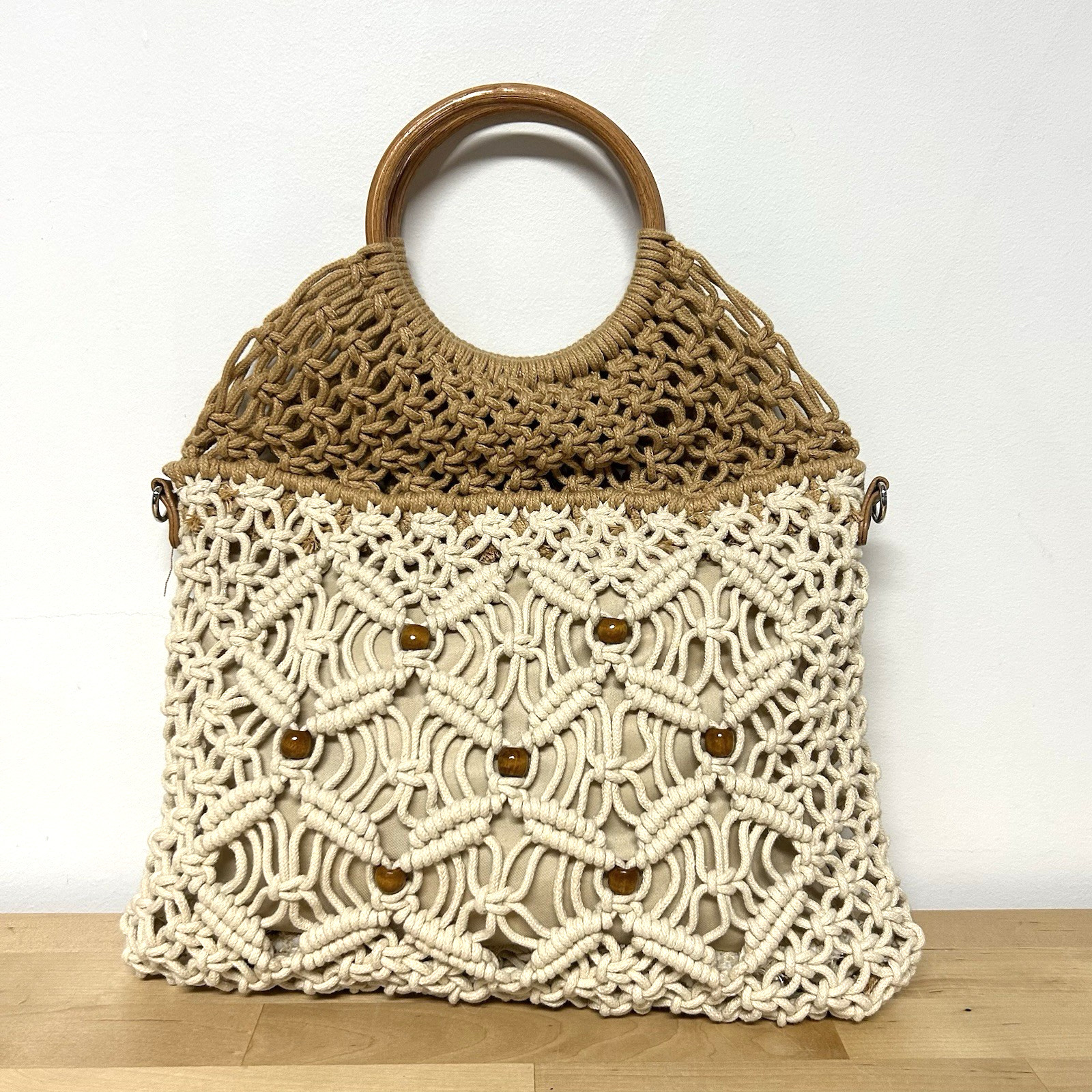 NWT Macrame Hand Bag Wood Handles Beads Boho 70s Beachy Festival Crown Vintage