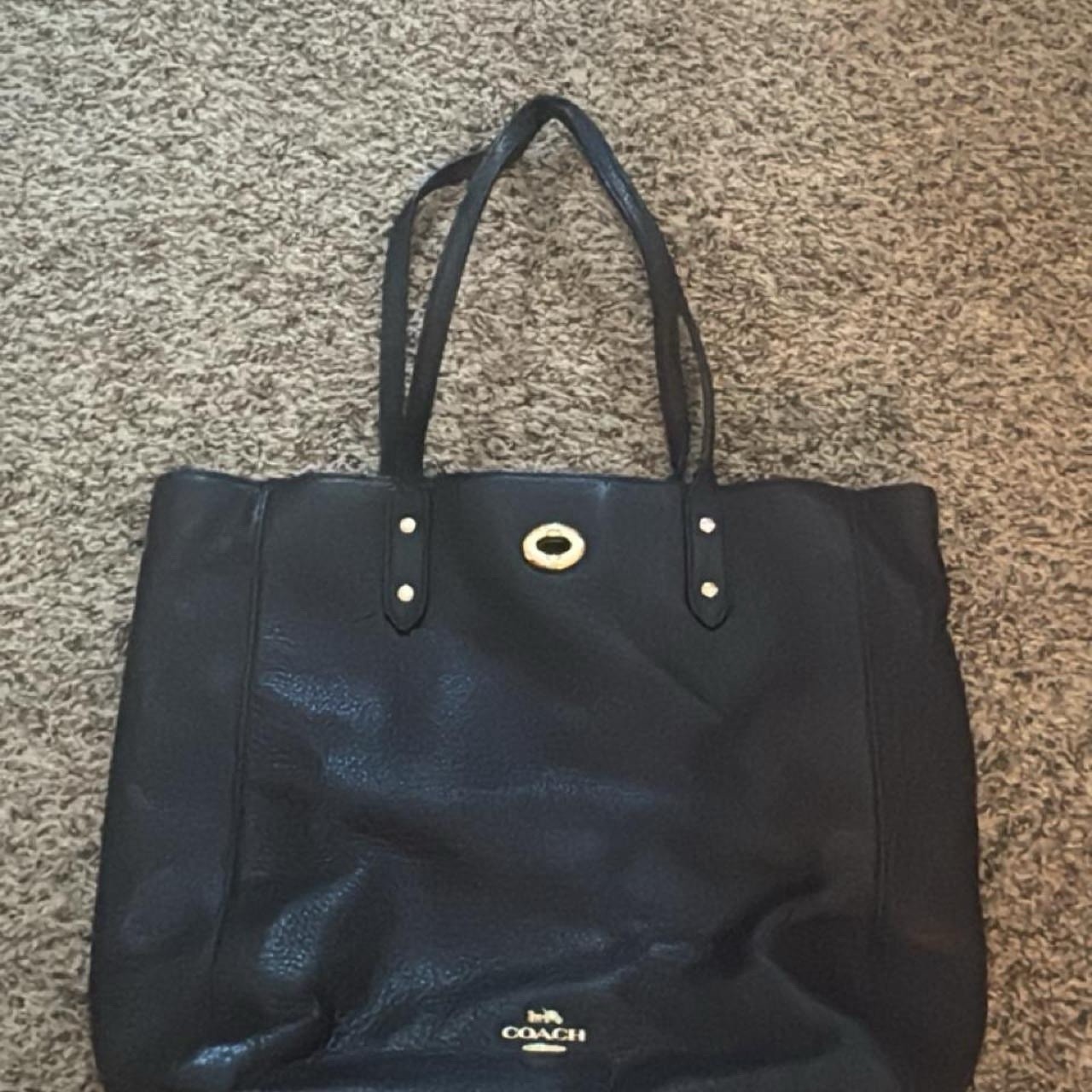 Y2K Coach Black Pebbled Tote Bag Zip Top Gold Hardware Logo Lined Inner Pockets