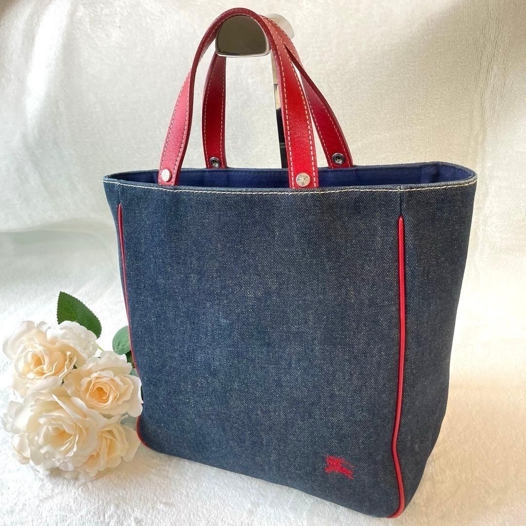 BURBERRY BLUE LABEL Denim Tote Bag Red Handles Cotton Canvas Women’s Handbag