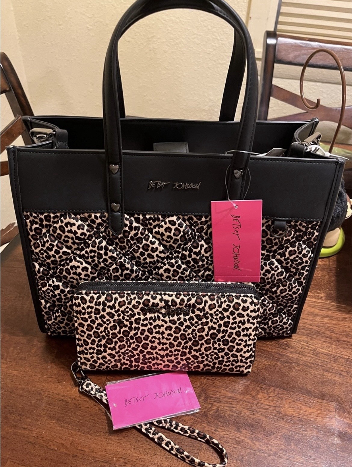 Betsey Johnson Black and Leopard Print Quilted Tote with Matching Wristlet