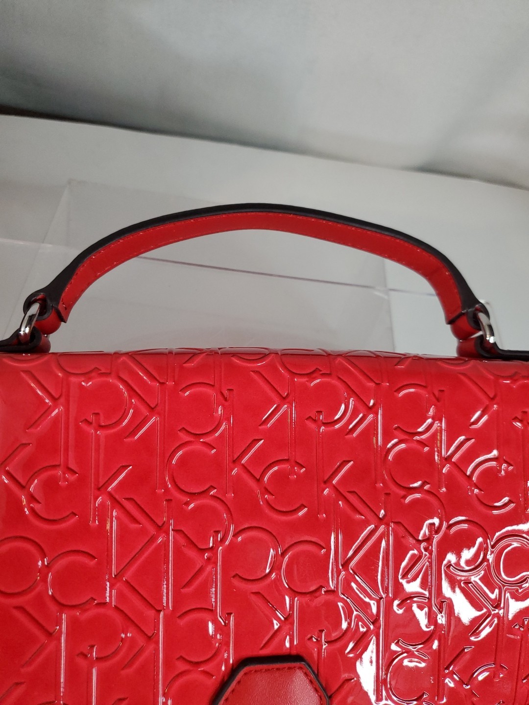 Calvin Klein Red Patent Leather Crossbody Bag Purse Embossed Logo Chain Strap