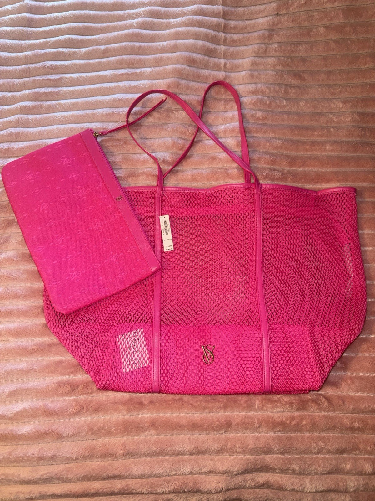 Victoria’s Secret pink mesh tote bag with matching pouch