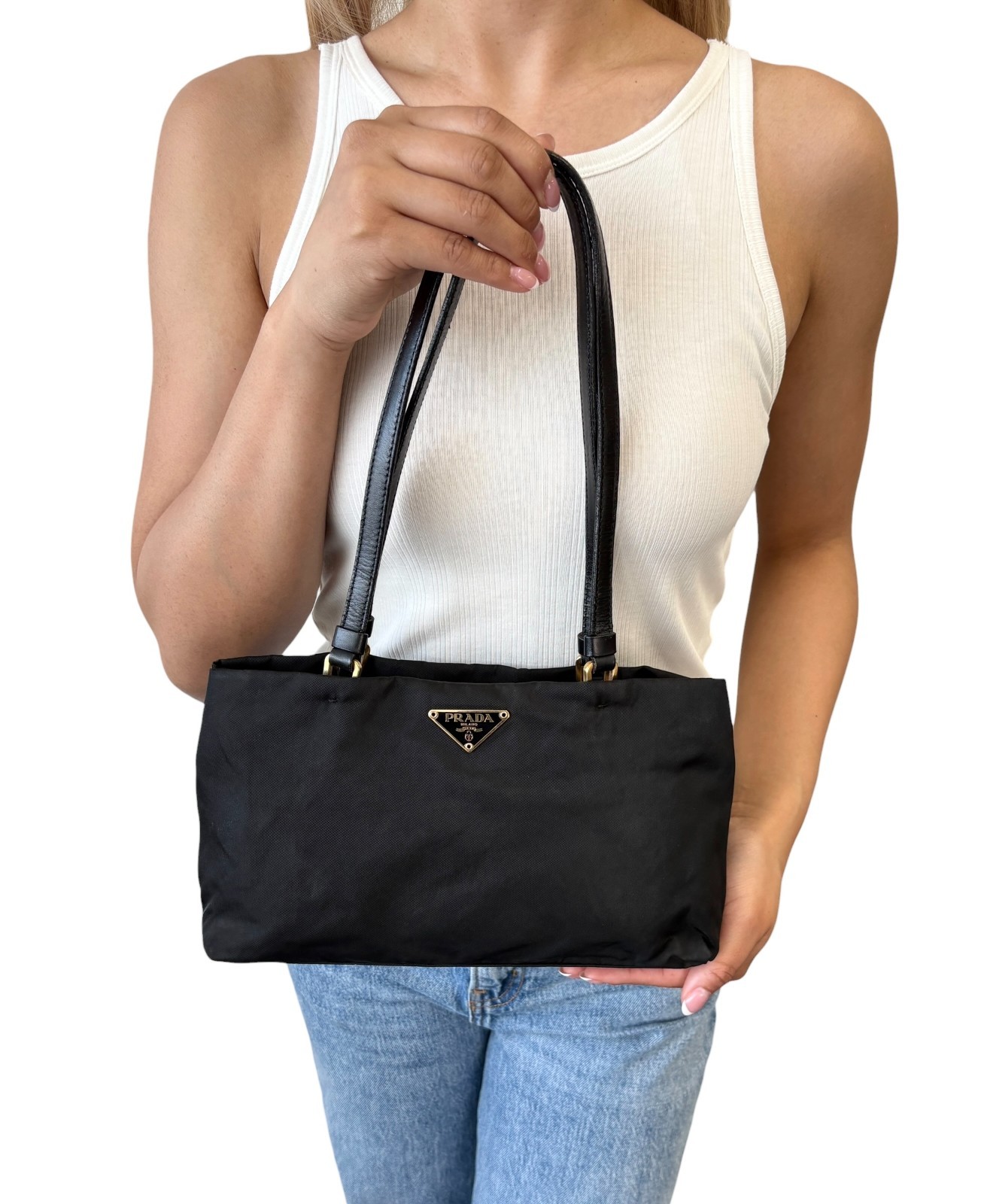 PRADA Vintage Triangle Logo Tessuto Tote Shoulder Bag Black Gold Nylon 902298