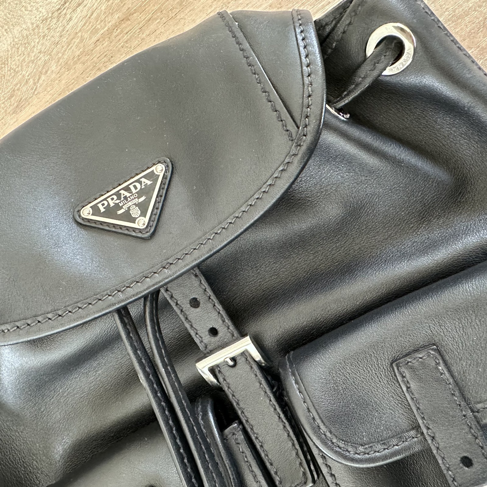 Prada Black Leather Backpack Triangle Logo Buckle Pockets Drawstring Italy