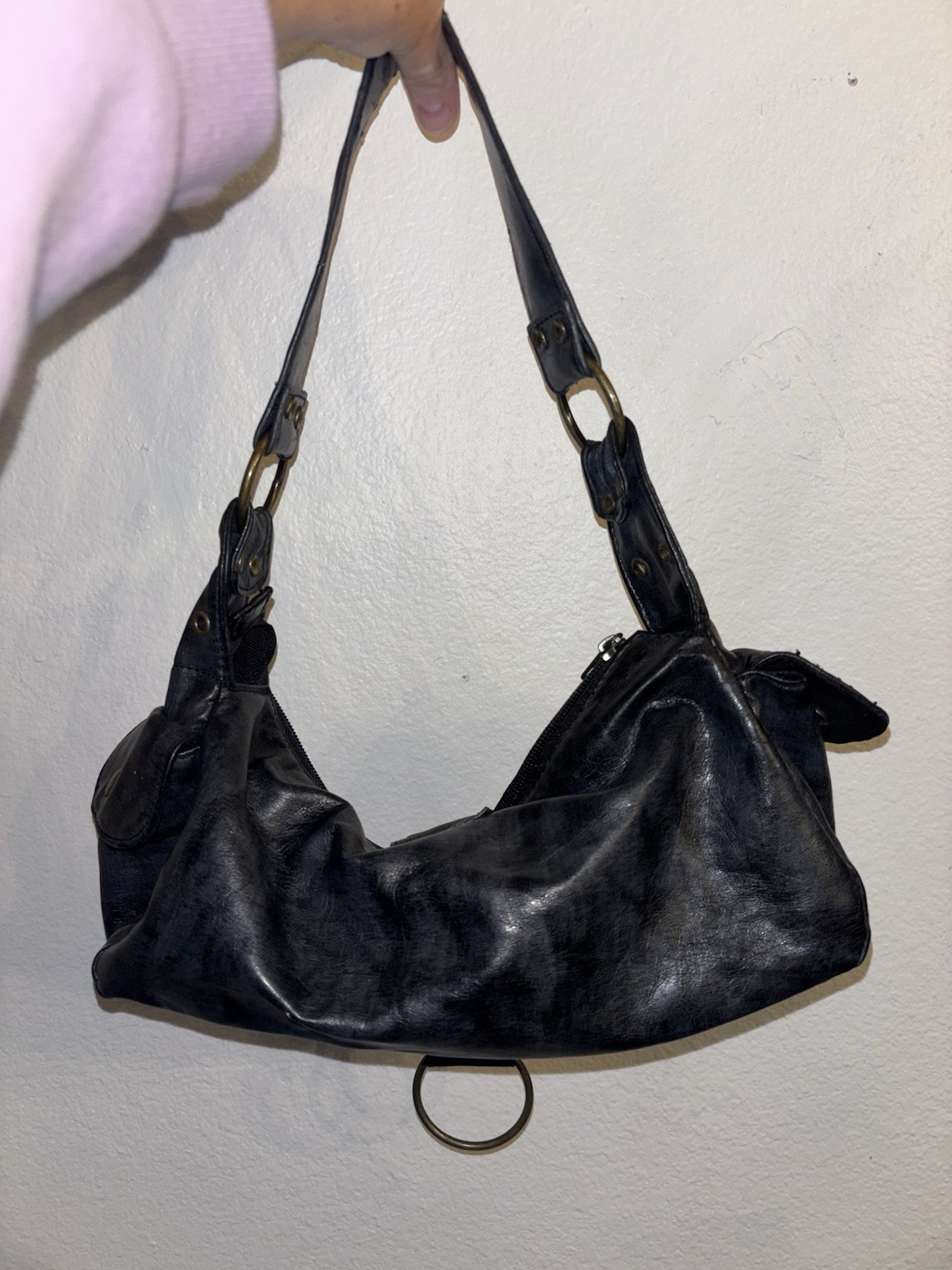 Y2K Brown Distressed Studded Mini Bag Buckle Accent Gold Hardware