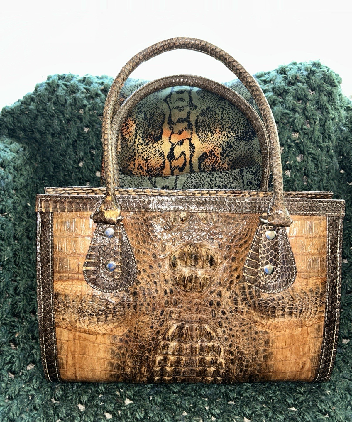 Vintage Made in Egypt, real crocodile satchel purse with scarf included