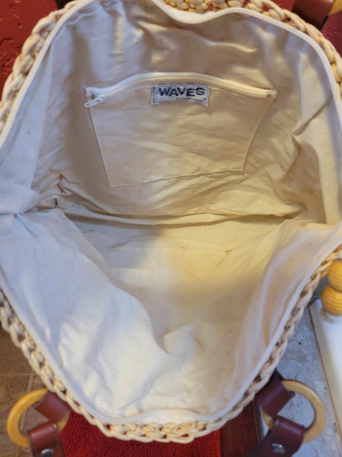 Vintage WAVES By Tandem Bags Boho Wicker Straw Summer Beach Bag Tote Carryall