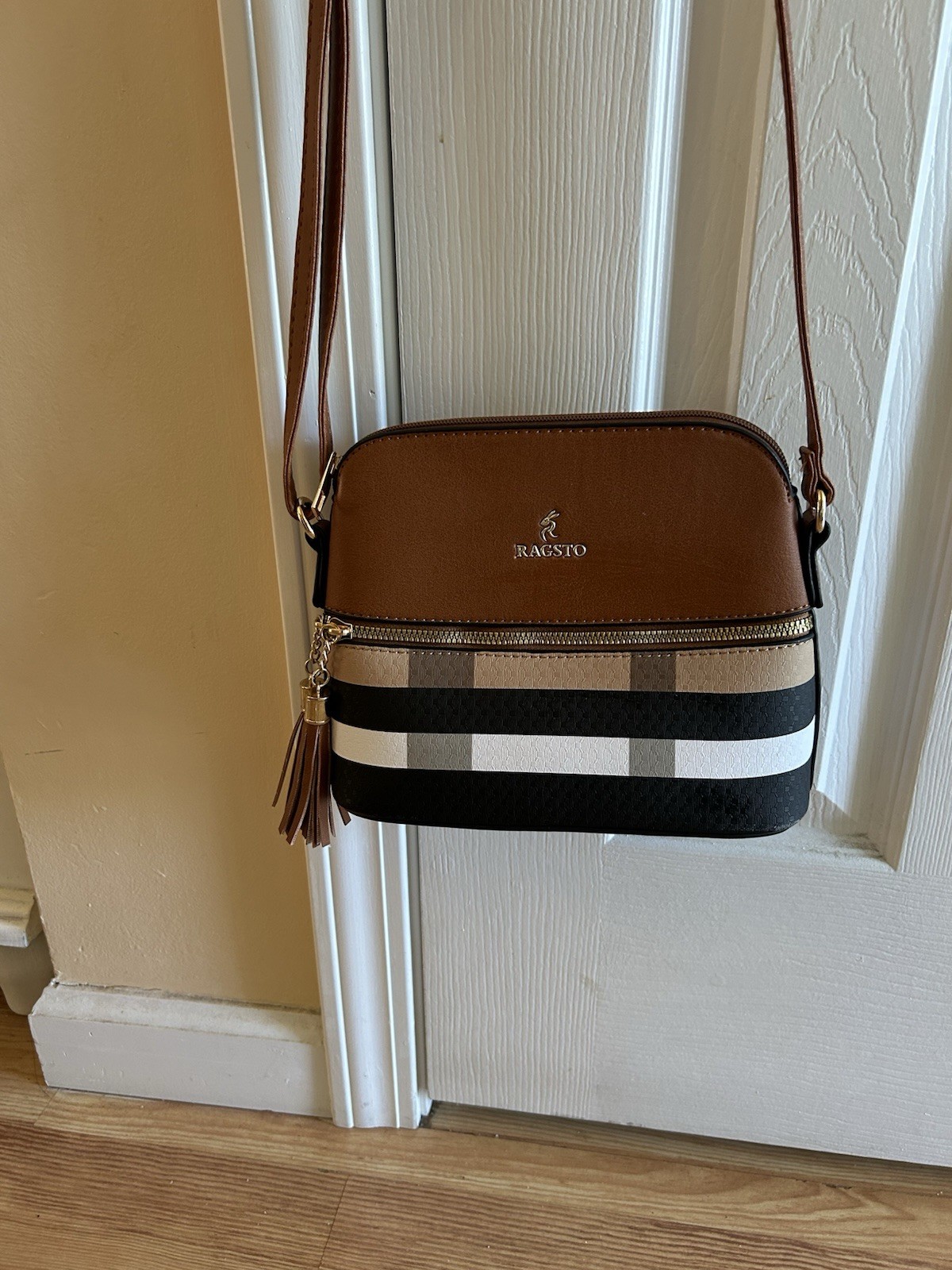 RAGSTO Brown Striped Crossbody Bag Zip Tassel Inner Pockets Gold Hardware