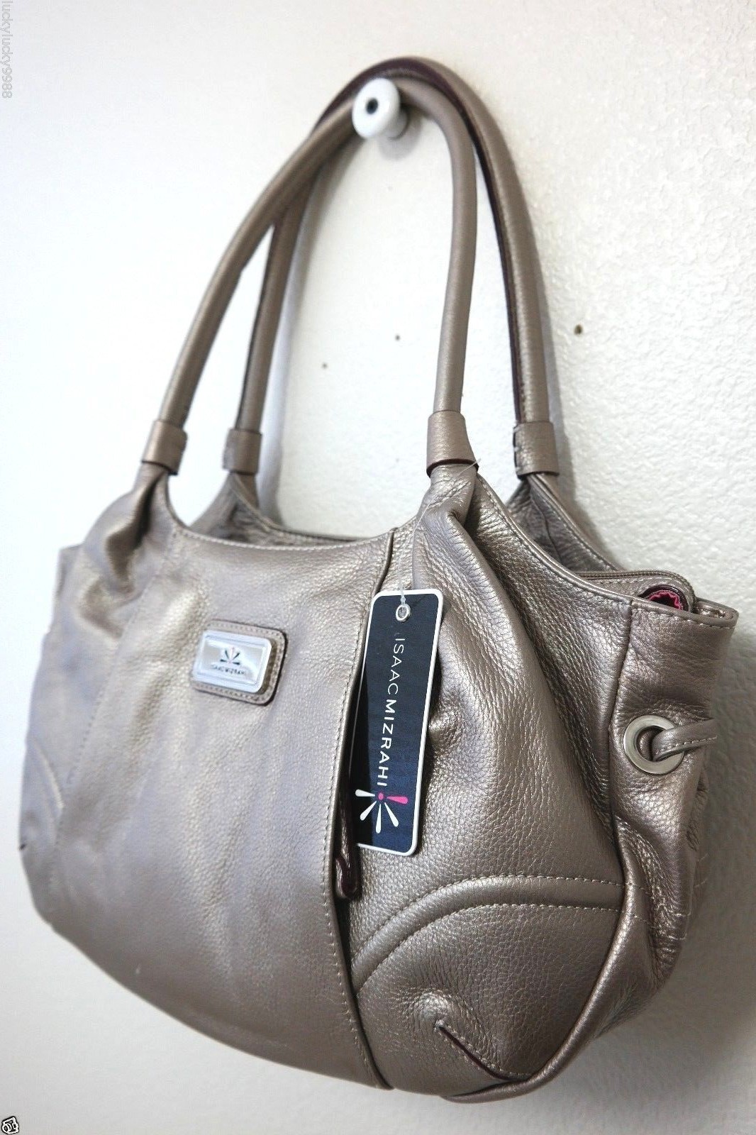 Isaac Mizrahi Live! Leather 3 Compartment Satchel & Scarf Satin Metallic *NWD*