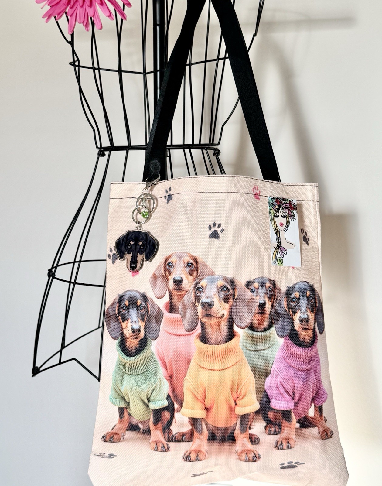 New Dachshund Dogs in Colorful Sweaters Shopping Bag Purse Tote w/ Charm – 16”