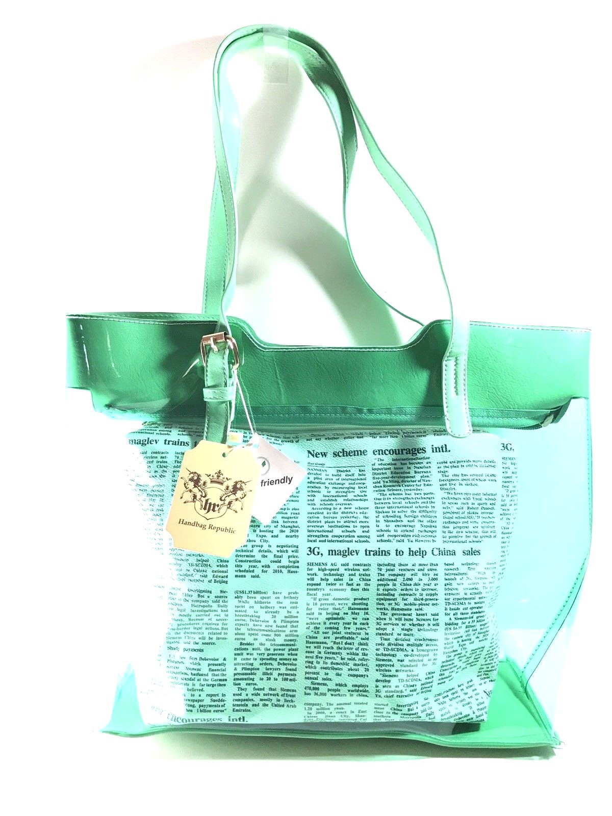 Candy Color Transparent Beach Bag With A News Paper Print Inside Bag,Mint Green