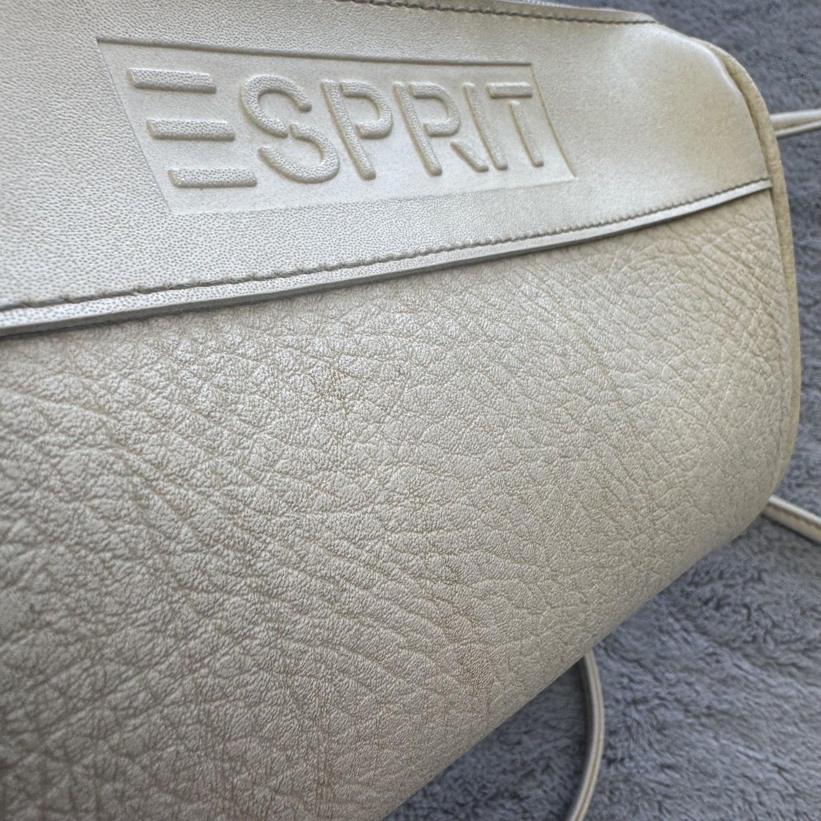 Esprit Crossbody Bag Womens Small Beige Faux Leather Zip Silver Stitching